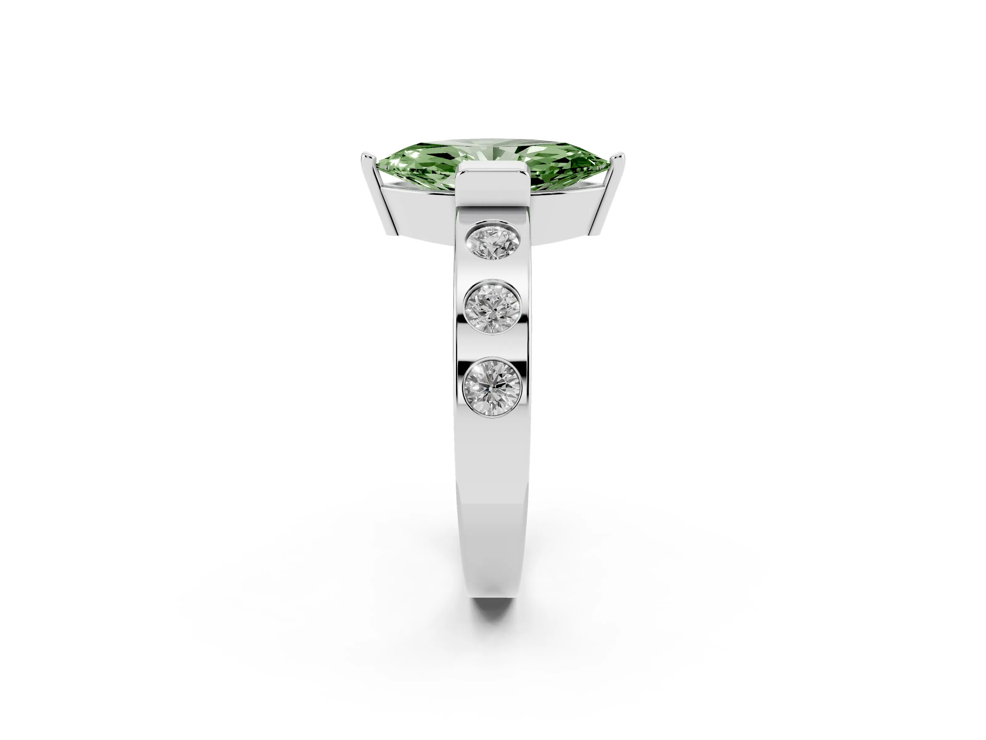 Fancy Green Marquise Cut Diamond Channel-Set Band Ring Set in White gold with Bezel Prong Setting