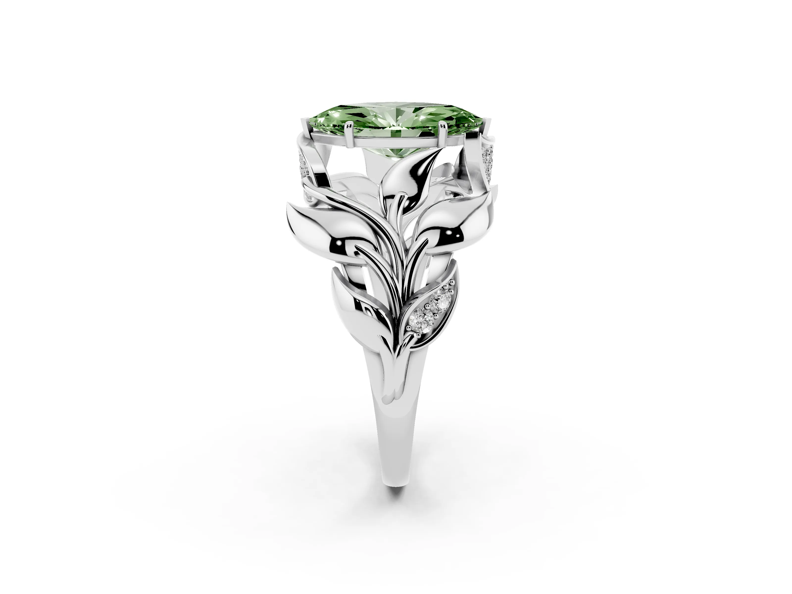 Fancy Green Marquise Cut Diamond Leaf-Inspired Engagement Ring Set in Platinum with Round Accents