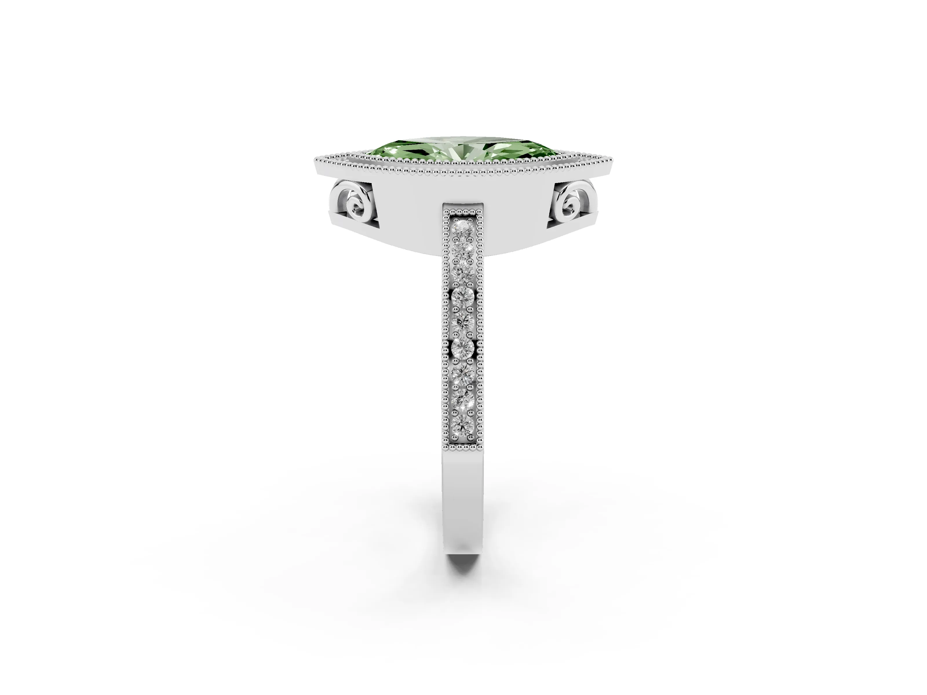 Fancy Green Marquise Cut Diamond Halo Ring Set in White gold with Pavé Band and Milgrain-Edged Prongs