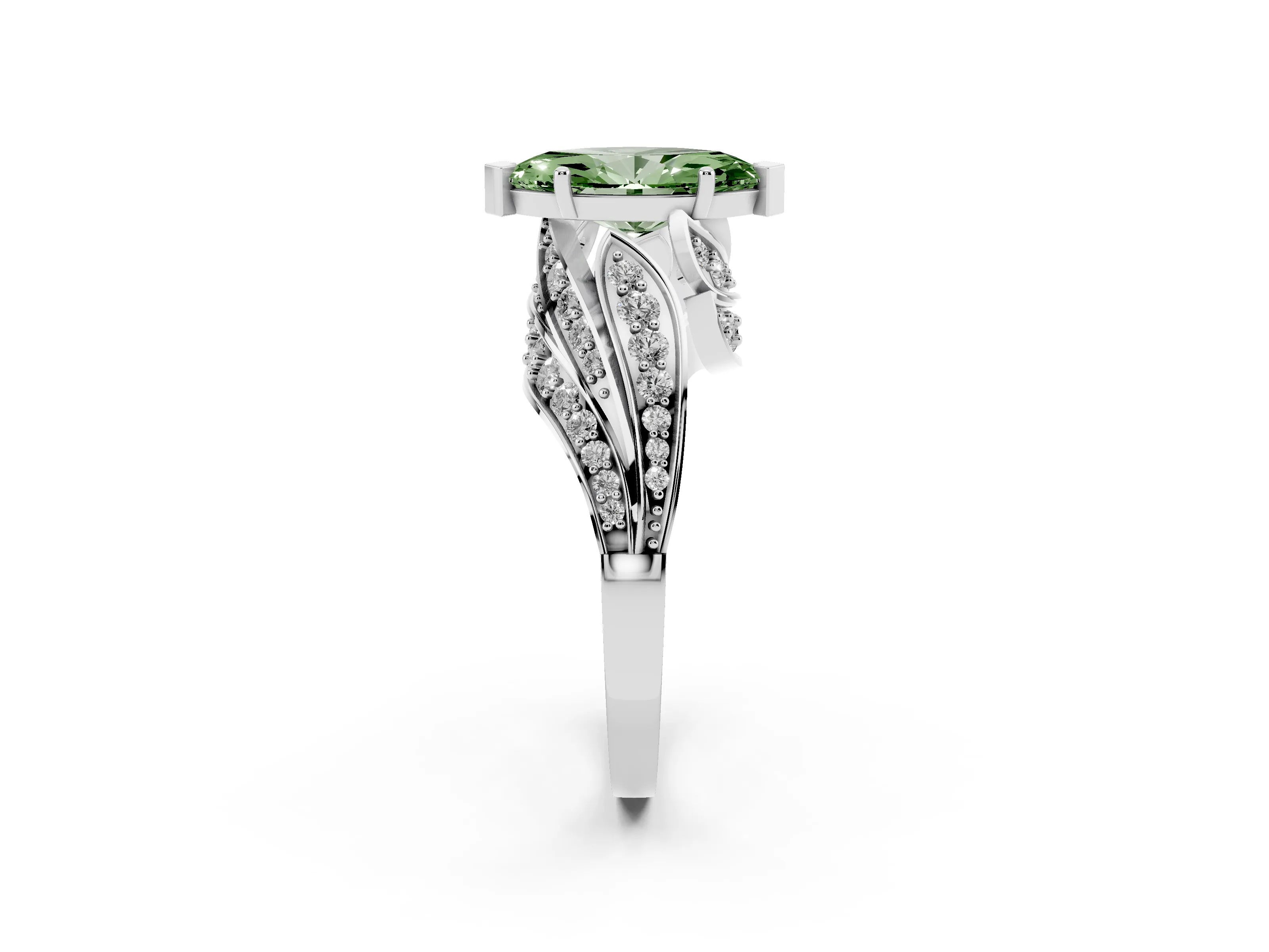 Fancy Green Marquise Cut Diamond Solitaire Ring Set in Platinum with Layered Twist Pavé Band