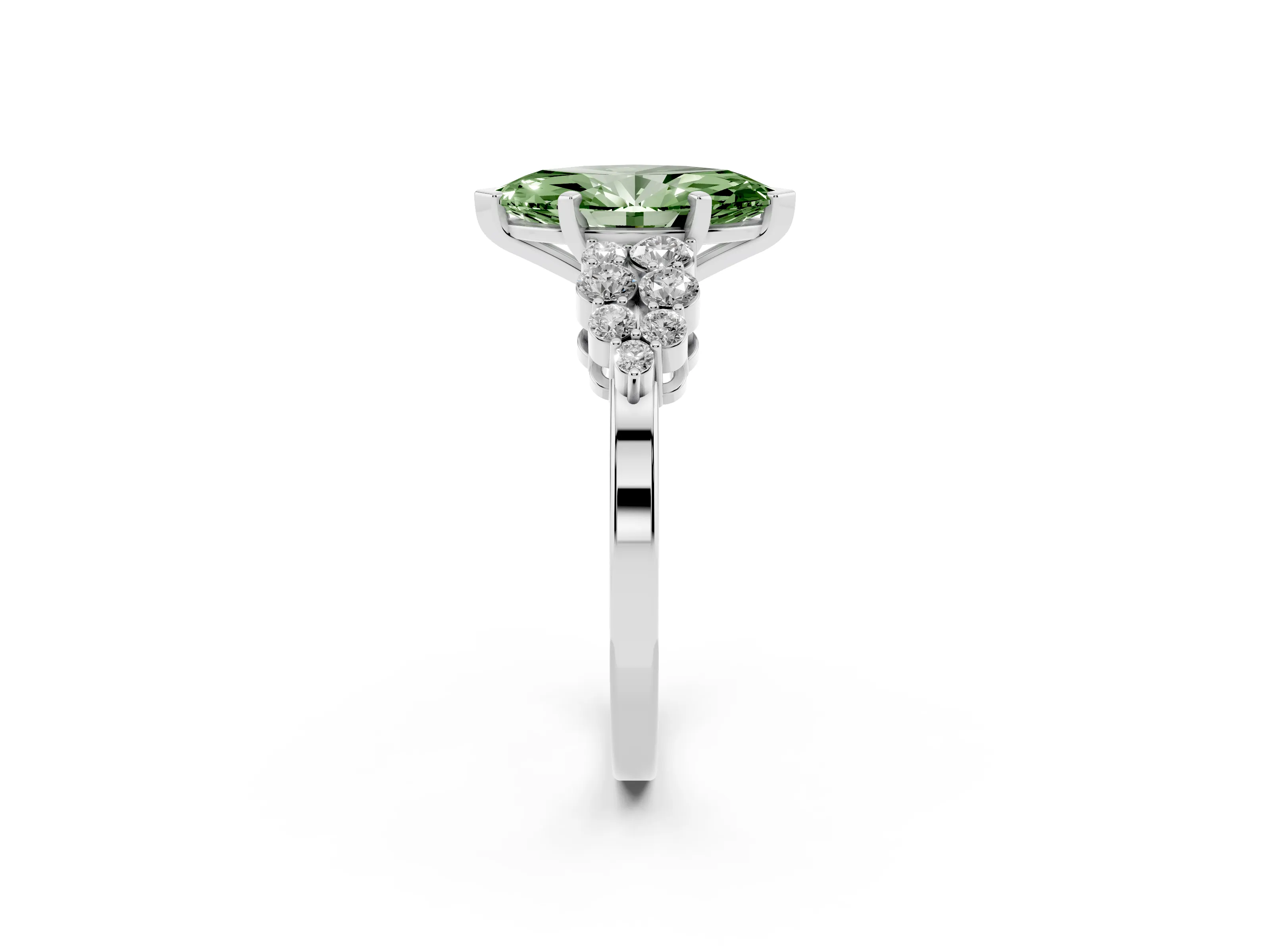 Fancy Green Marquise Cut Diamond Cluster Engagement Ring Set in Silver with Pavé Band and Prong Setting