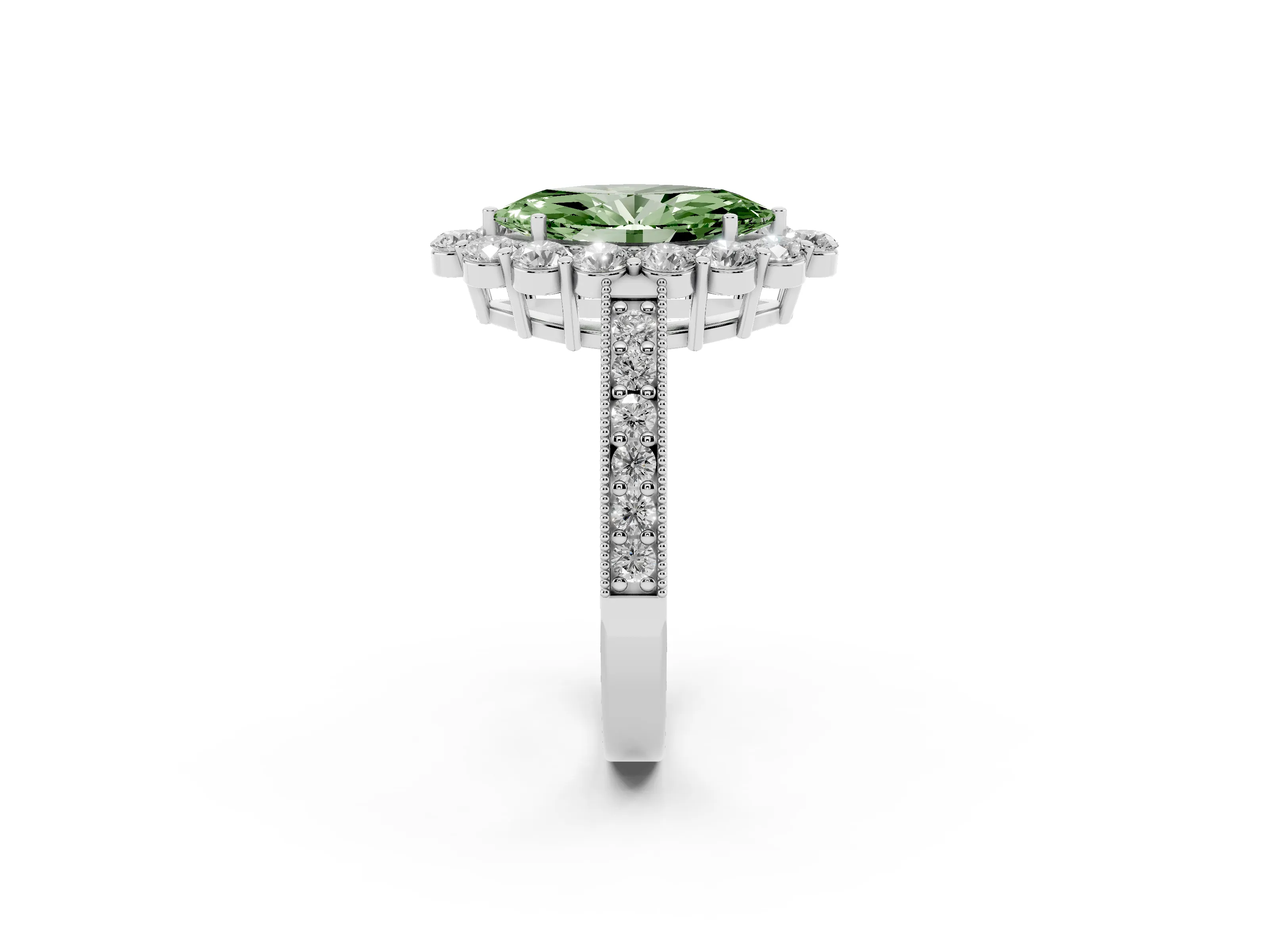 Fancy Green Marquise Cut Diamond Halo Pavé Engagement Ring Set in White gold with Milgrain Detailing