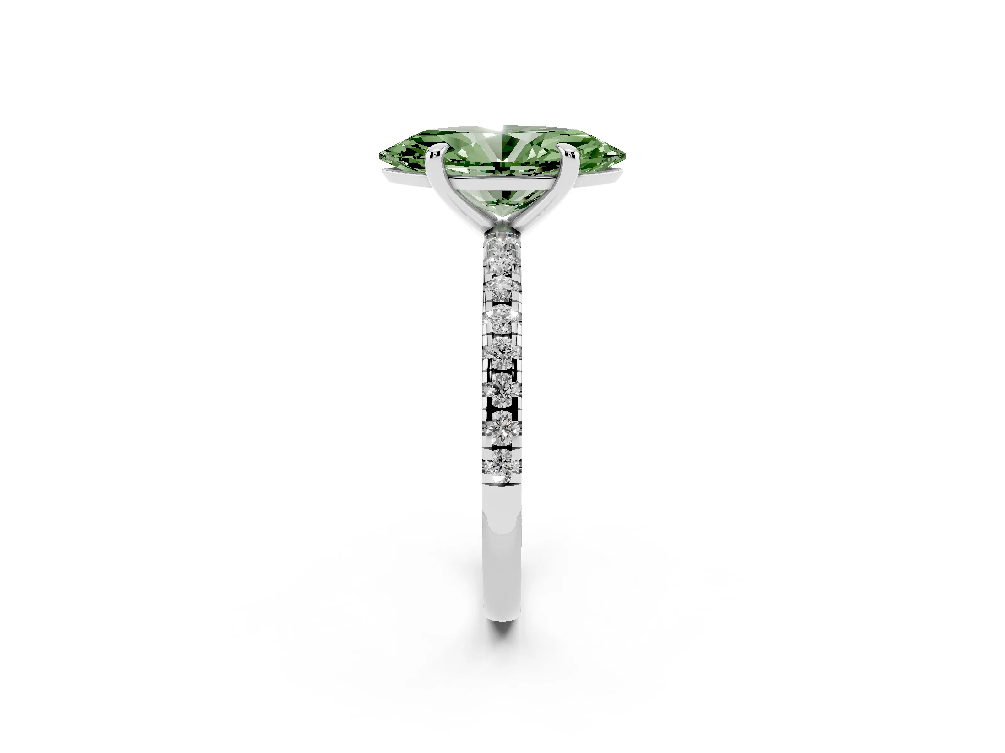 Fancy Green Marquise Cut Diamond Brilliant Solitaire Ring Set in White gold with Pavé Band and Prong Setting