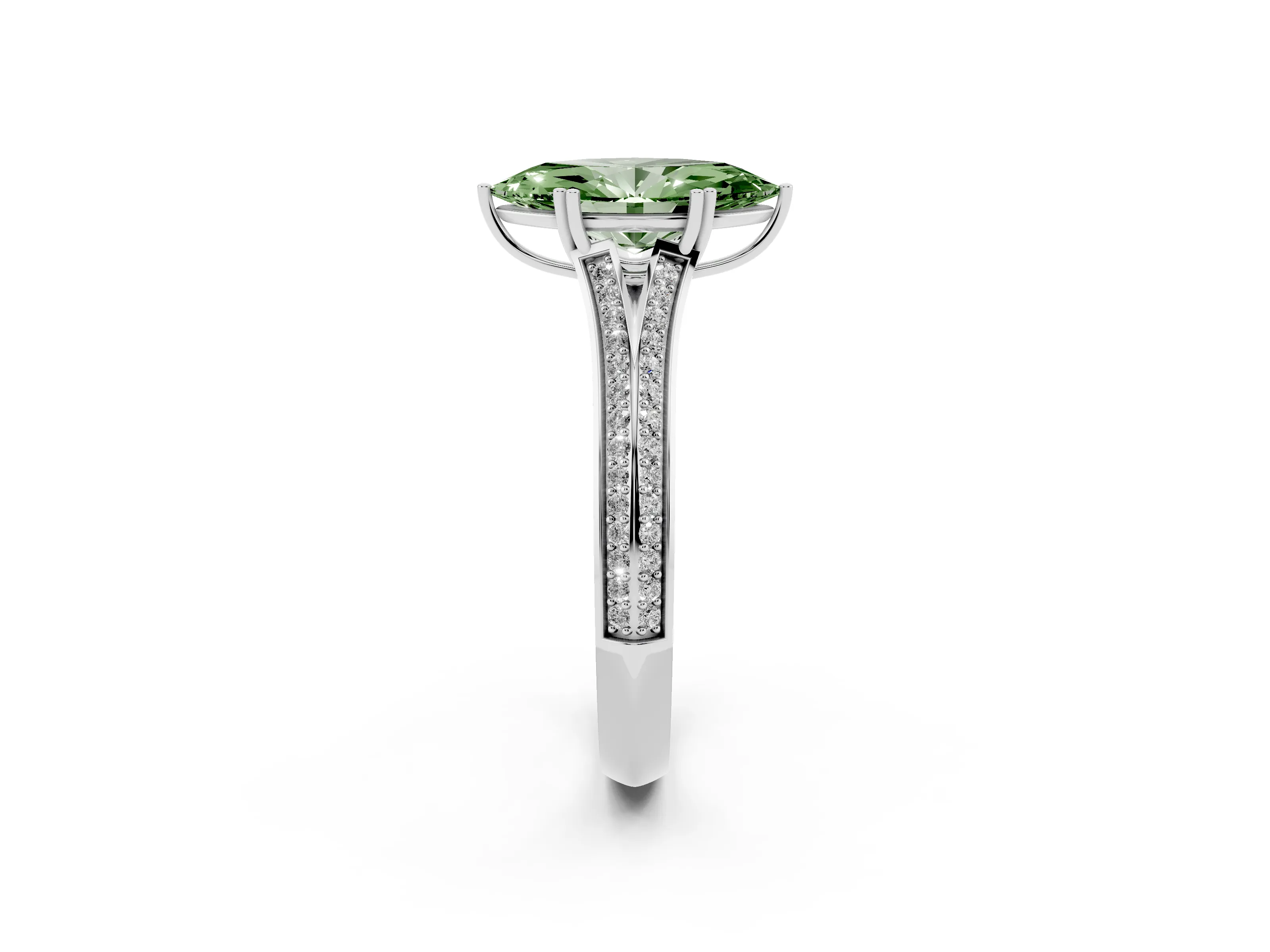 Fancy Green Marquise Cut Diamond Split Shank Pavé Engagement Ring Set in White gold with Prong-Set Center Stone