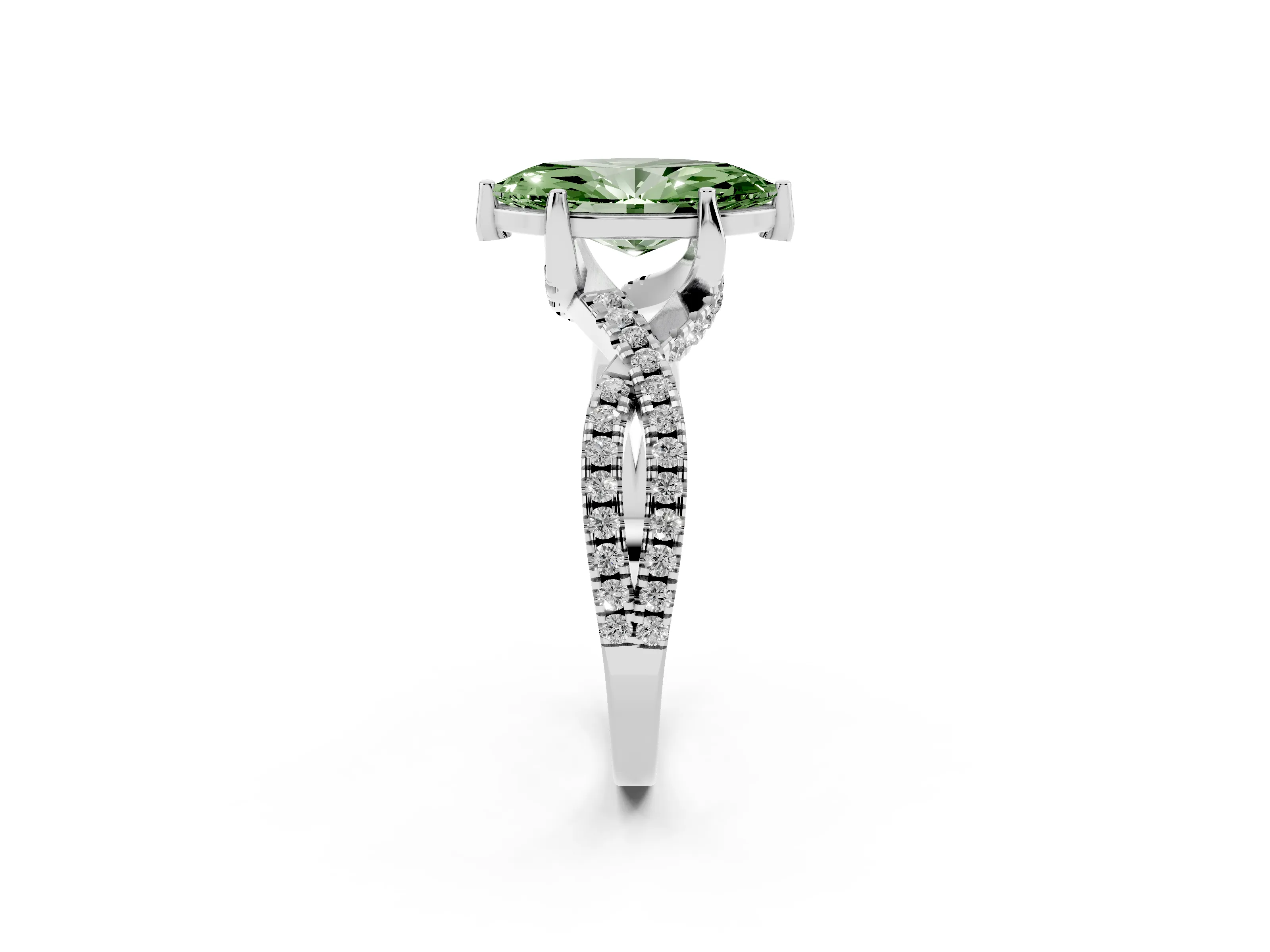 Fancy Green Marquise Cut Diamond Twist Pavé Solitaire Engagement Ring Set in White gold with Prong Setting