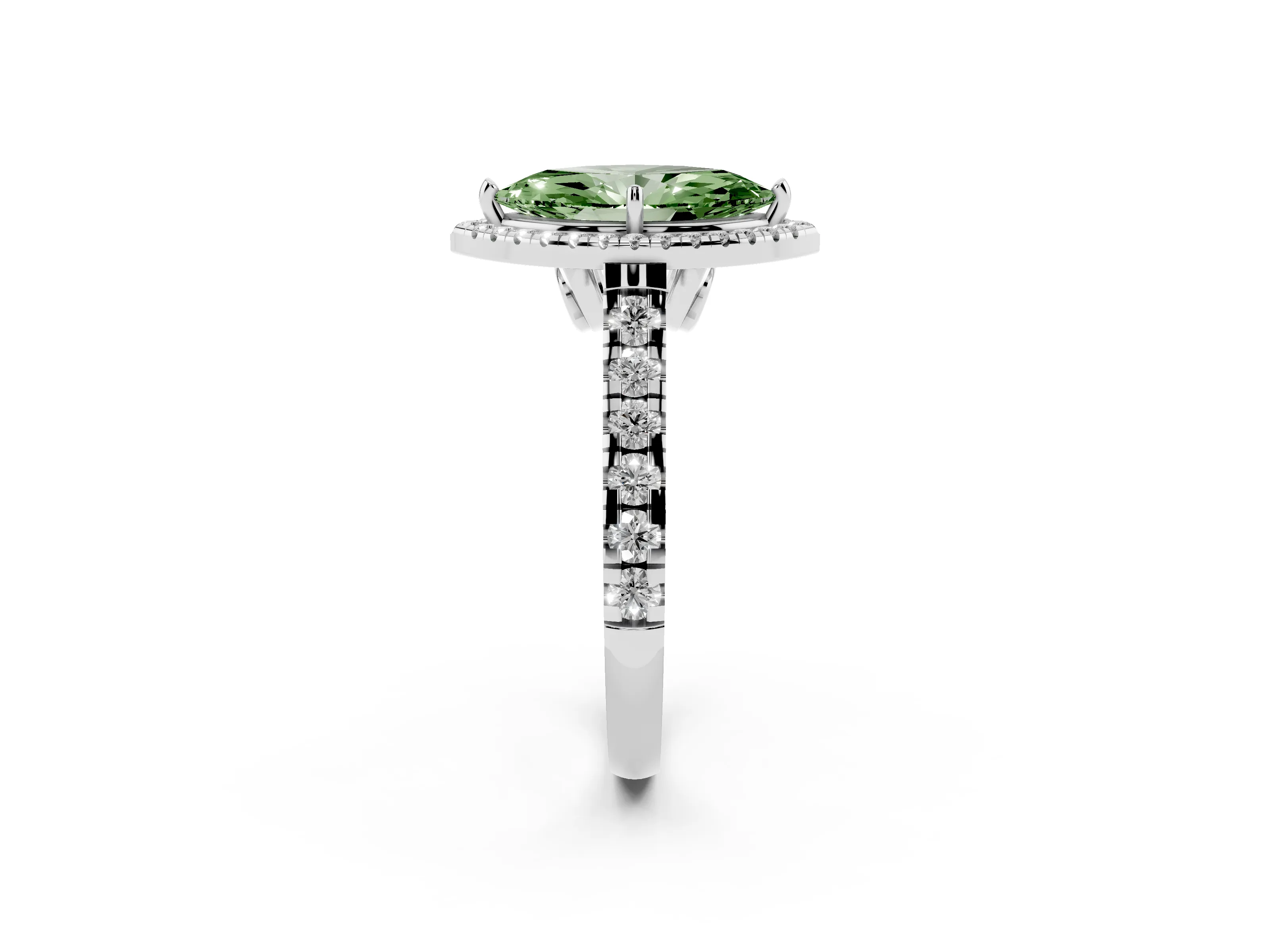 Fancy Green Marquise Cut Diamond Halo Engagement Ring Set in Platinum with Pavé Band and Prong-Set Center
