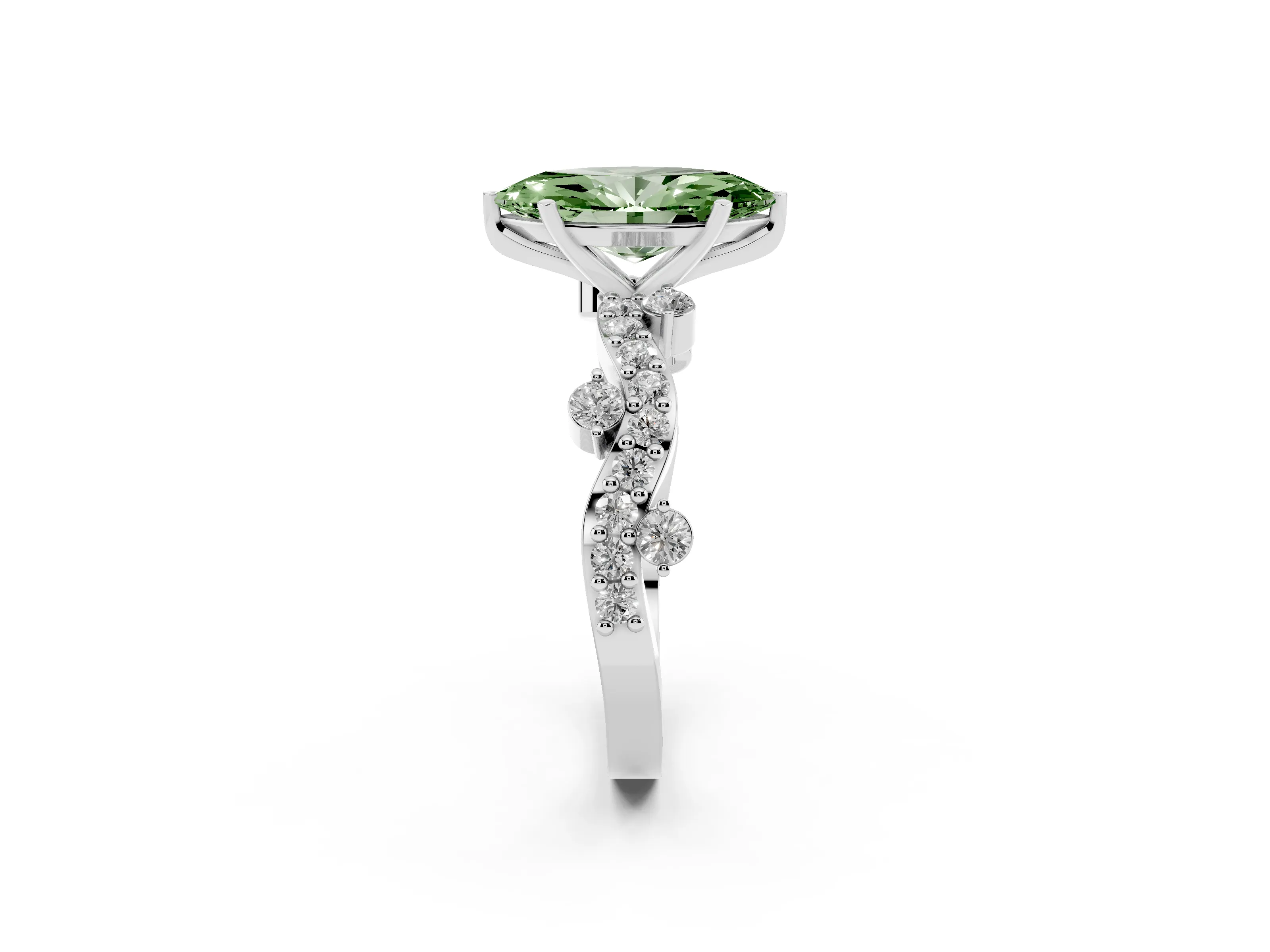 Fancy Green Marquise Cut Diamond Solitaire Twisted Band Set in Platinum with Pavé Setting