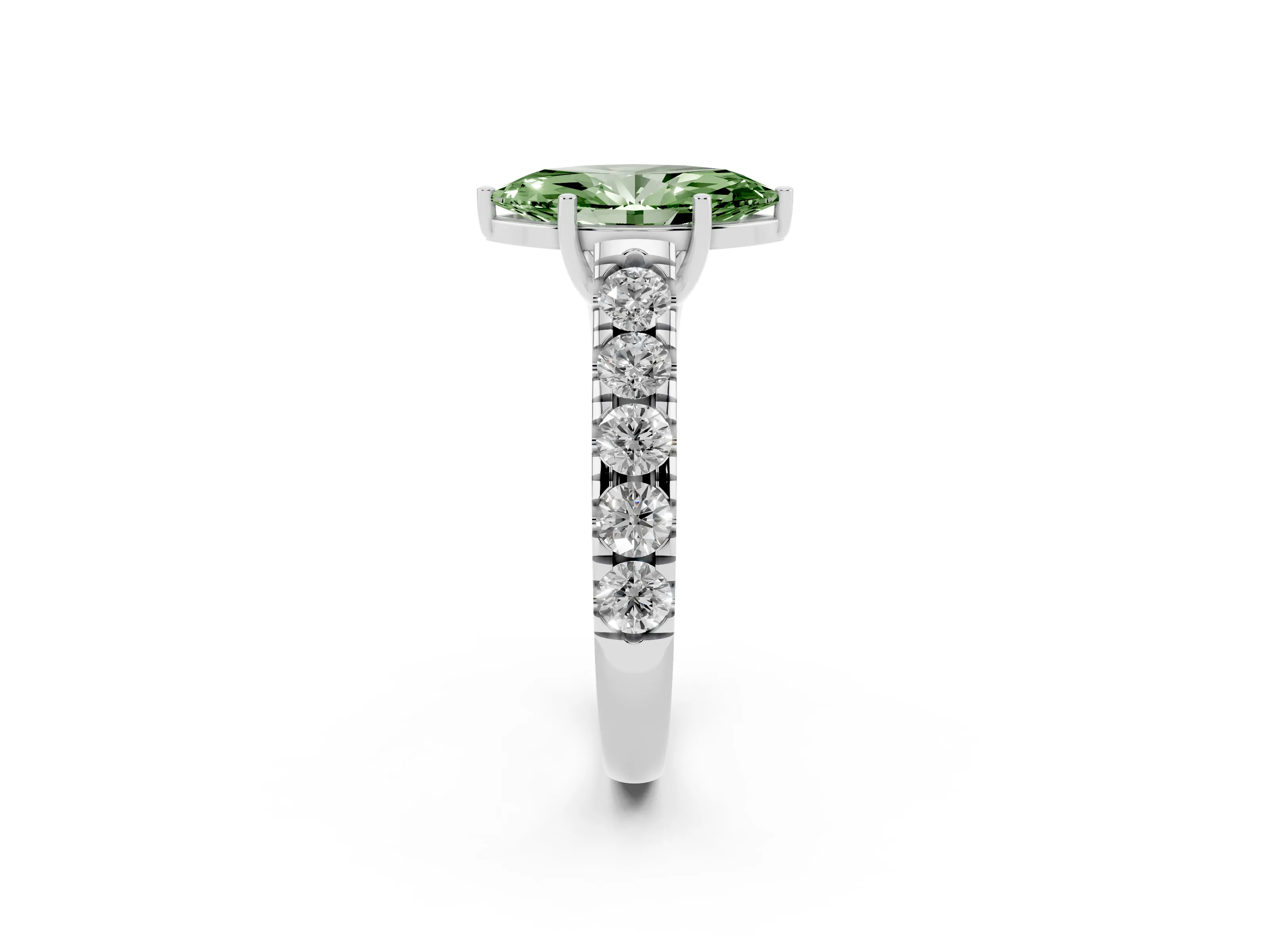 Fancy Green Marquise Cut Diamond Solitaire Ring Set in Silver with Cut-Down Micro Pavé Band and Prong Setting