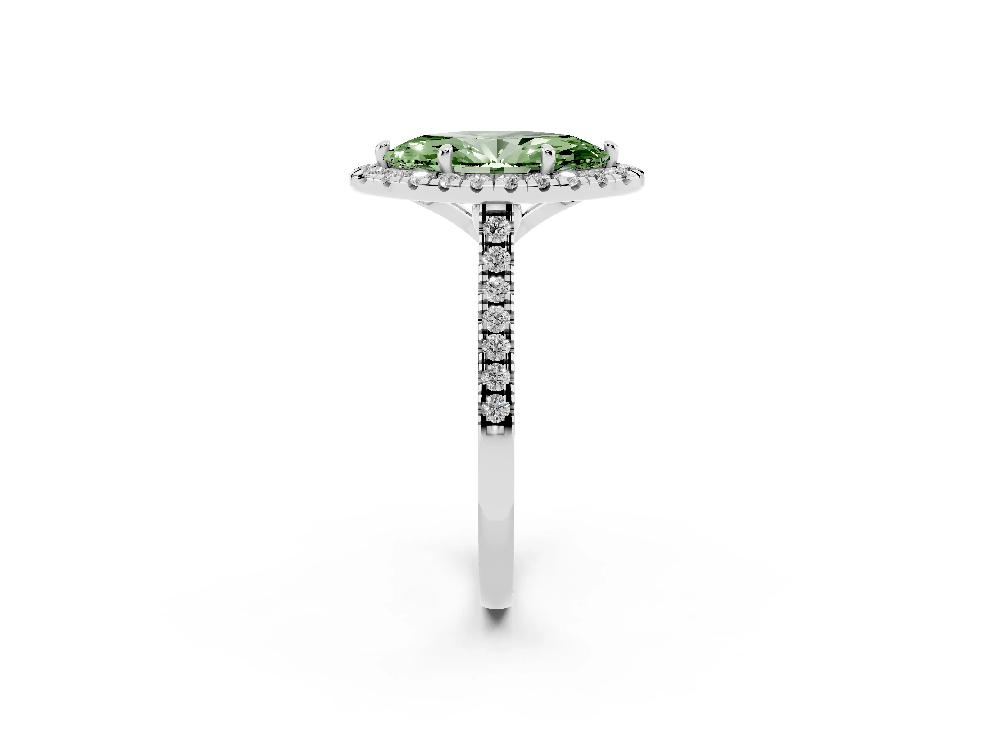 Fancy Green Marquise Cut Diamond Cushion Halo Ring Set in White gold with Pavé Band