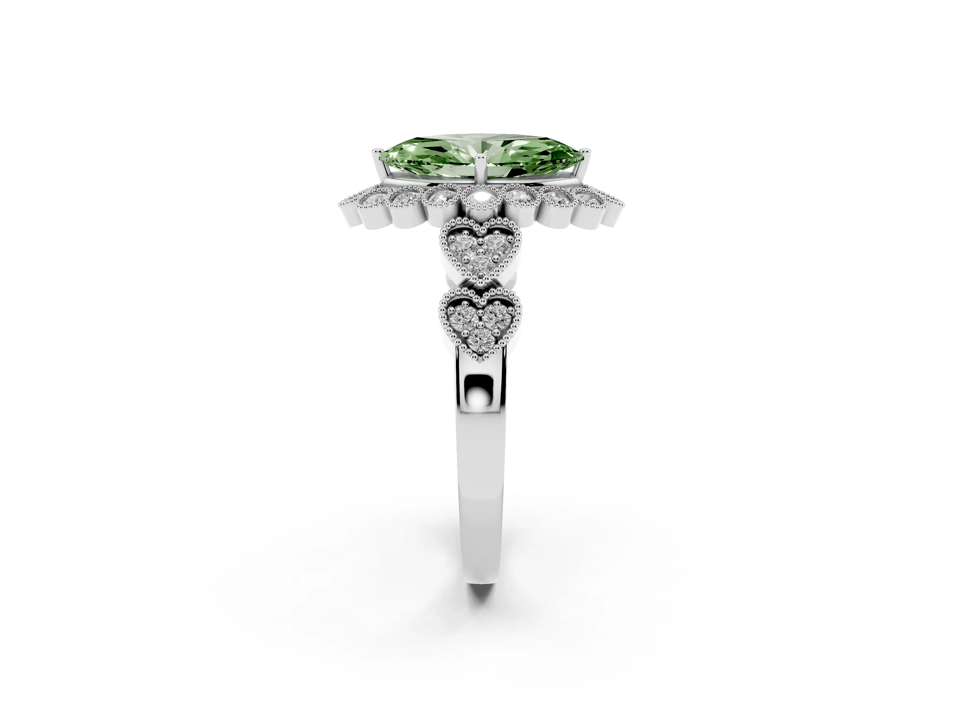 Fancy Green Marquise Cut Diamond Solitaire Ring Set in Platinum with Milgrain Pavé Heart Band