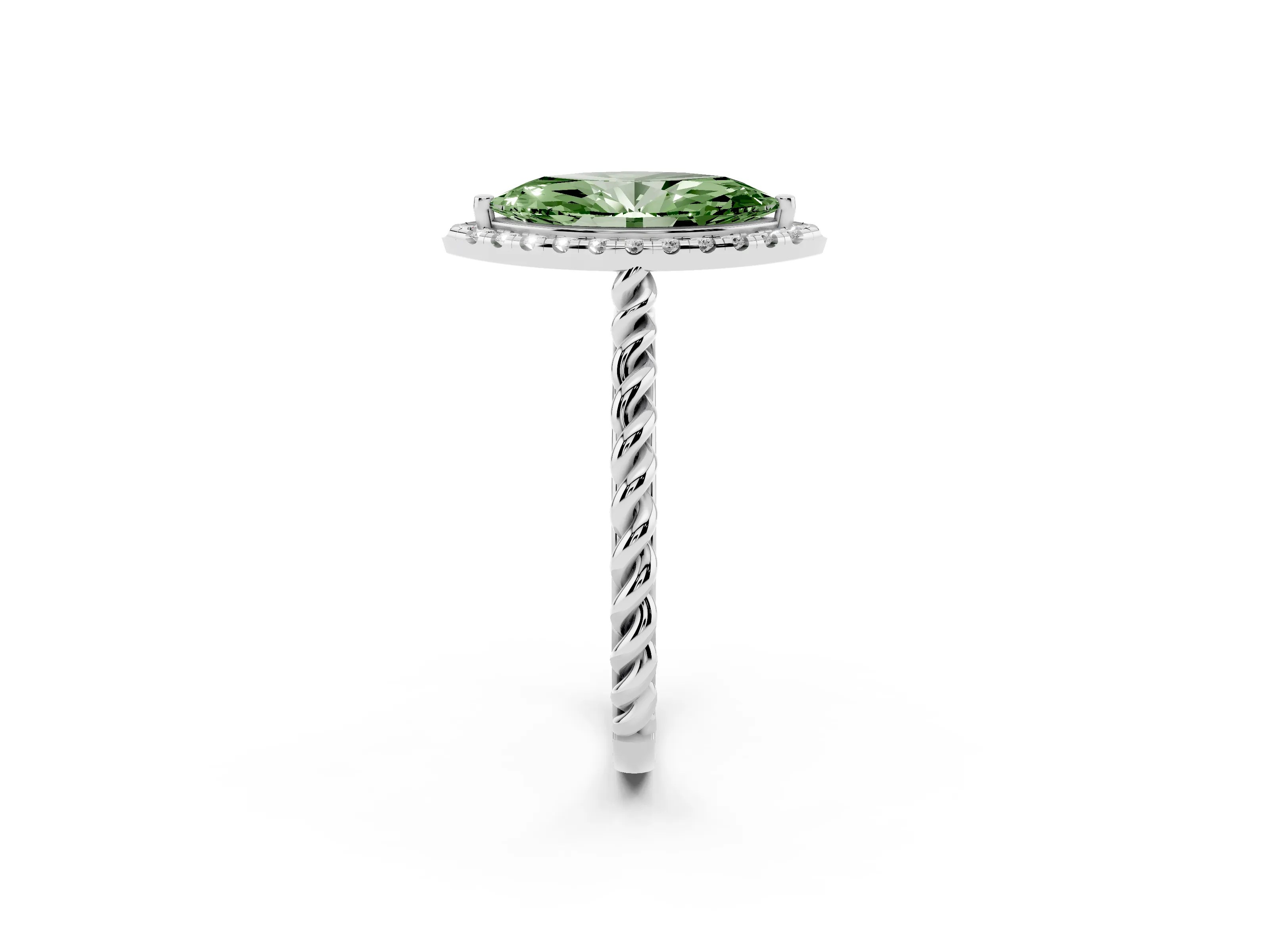 Fancy Green Marquise Cut Diamond Halo Ring Set in White gold with Plain Twisted Band