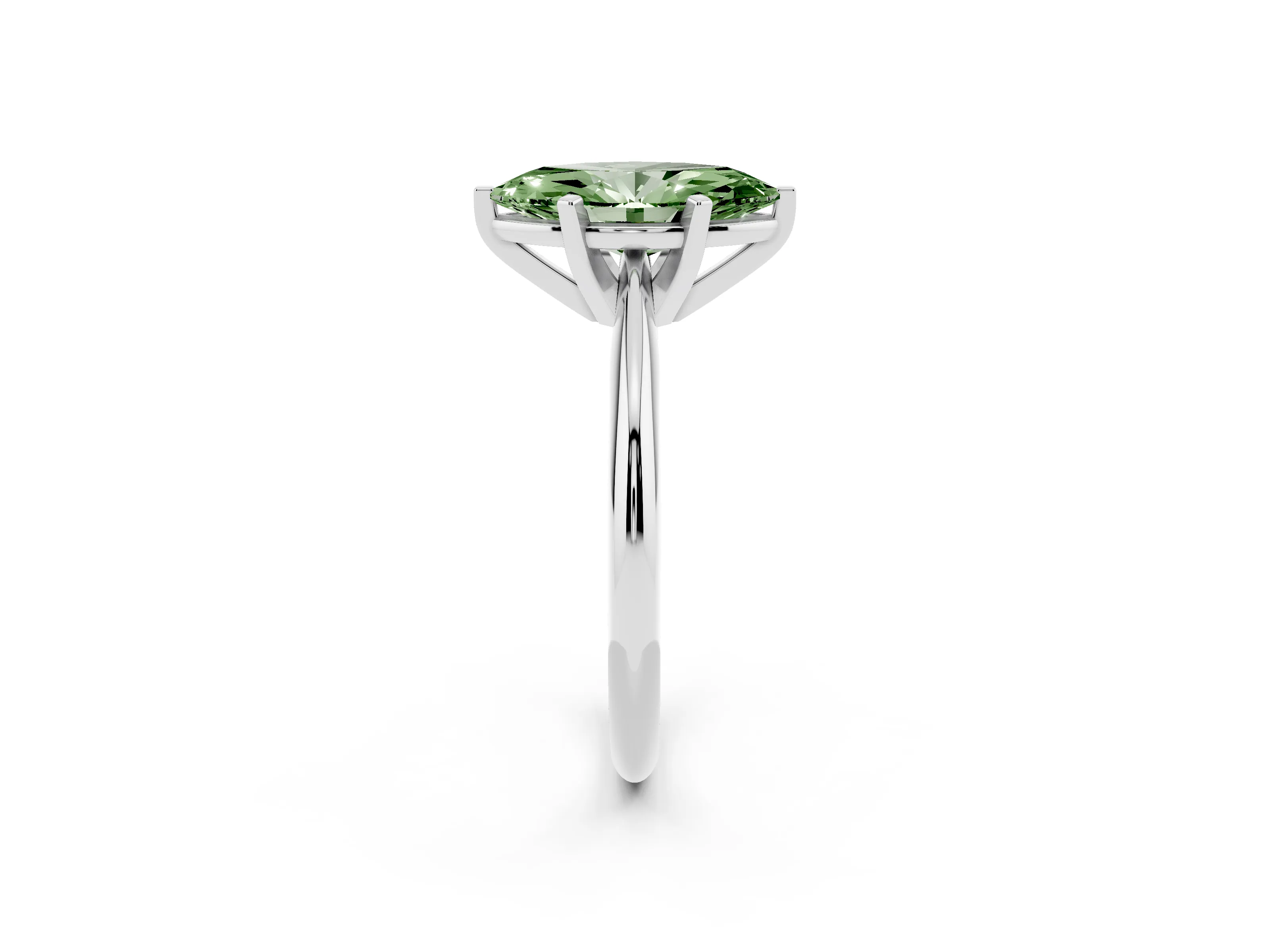 Fancy Green Marquise Cut Diamond Solitaire Ring Set in Silver with Prong Setting on a Plain Round Band