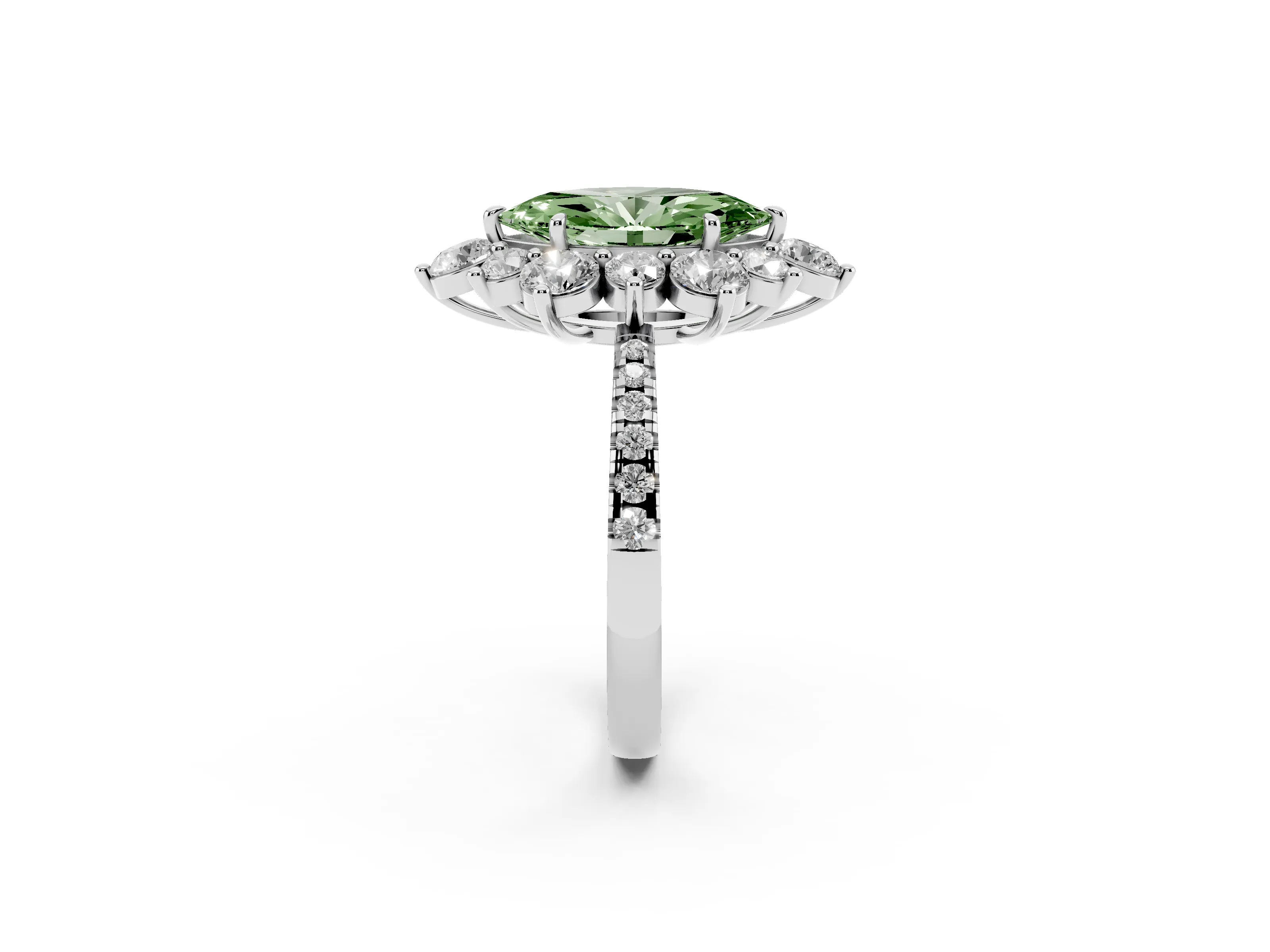 Fancy Green Marquise Cut Diamond Floral Halo Ring Set in White gold with Round Pavé Band and Prong Setting