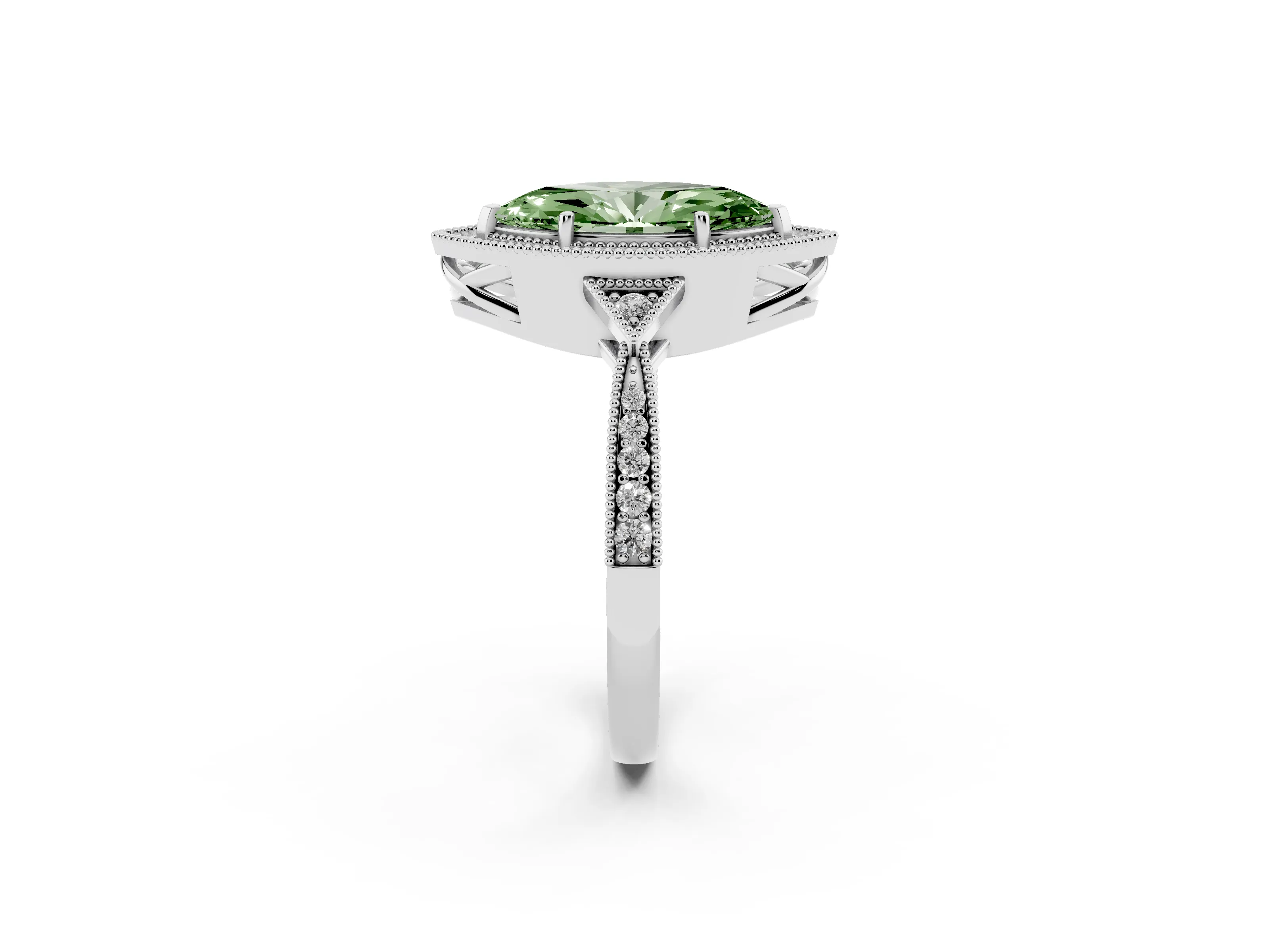 Fancy Green Marquise Cut Diamond Halo Engagement Ring Set in White gold with Milgrain Pavé Band