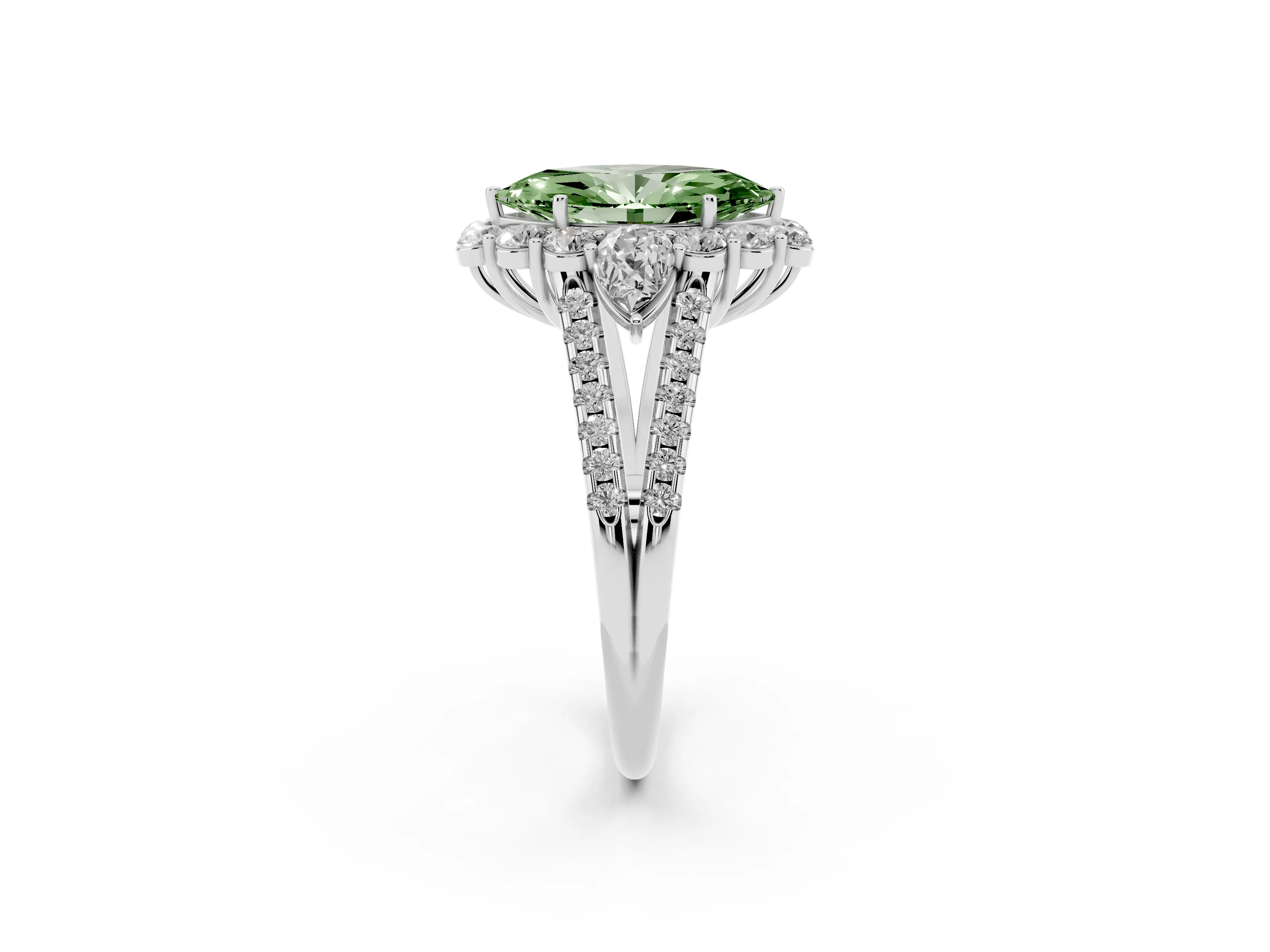 Fancy Green Marquise Cut Diamond Halo Split Shank Engagement Ring Set in White gold with Prong-Held Center Stone