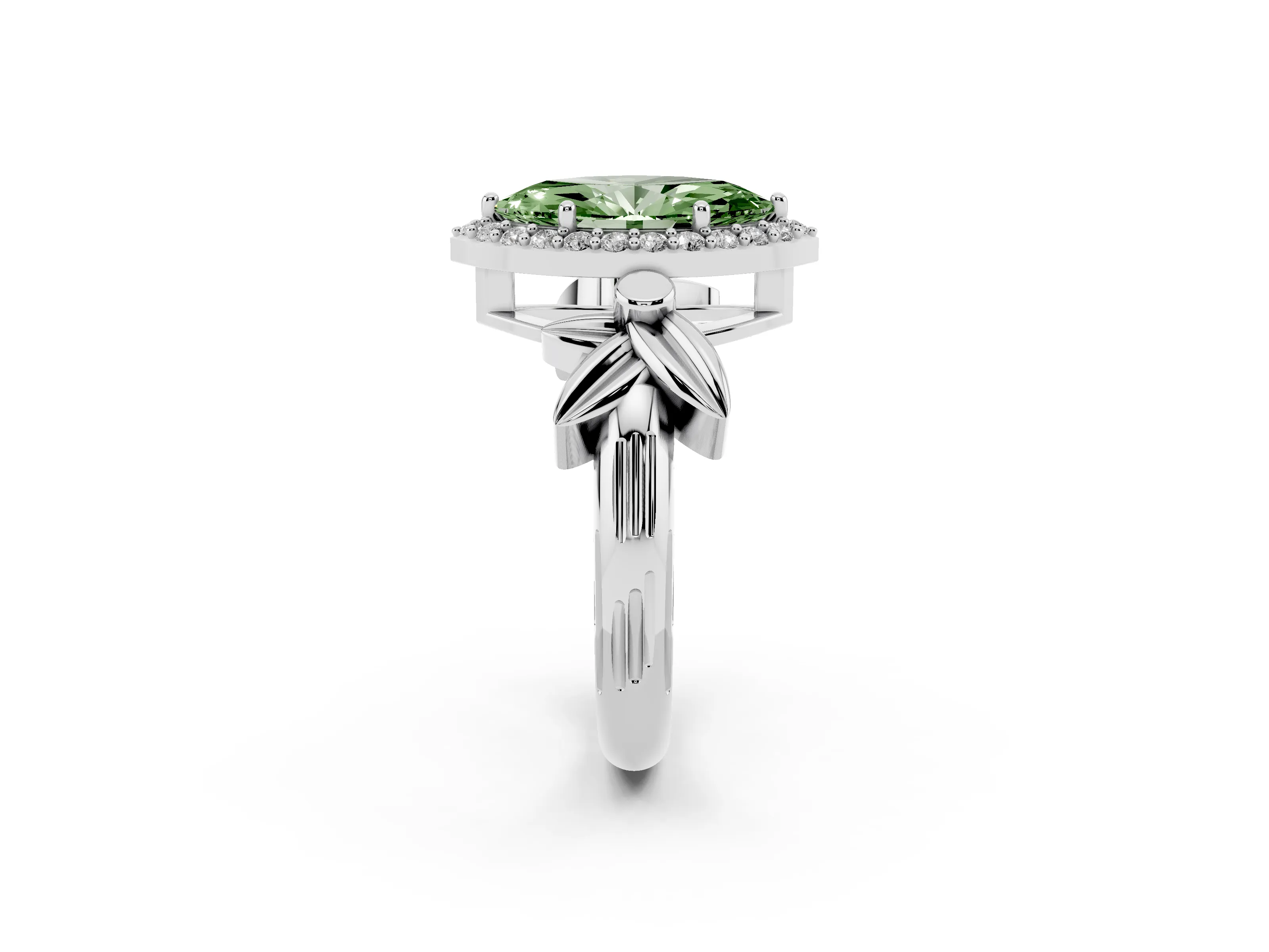 Fancy Green Marquise Cut Diamond Halo Floral Band Ring Set in White gold with Prong Setting