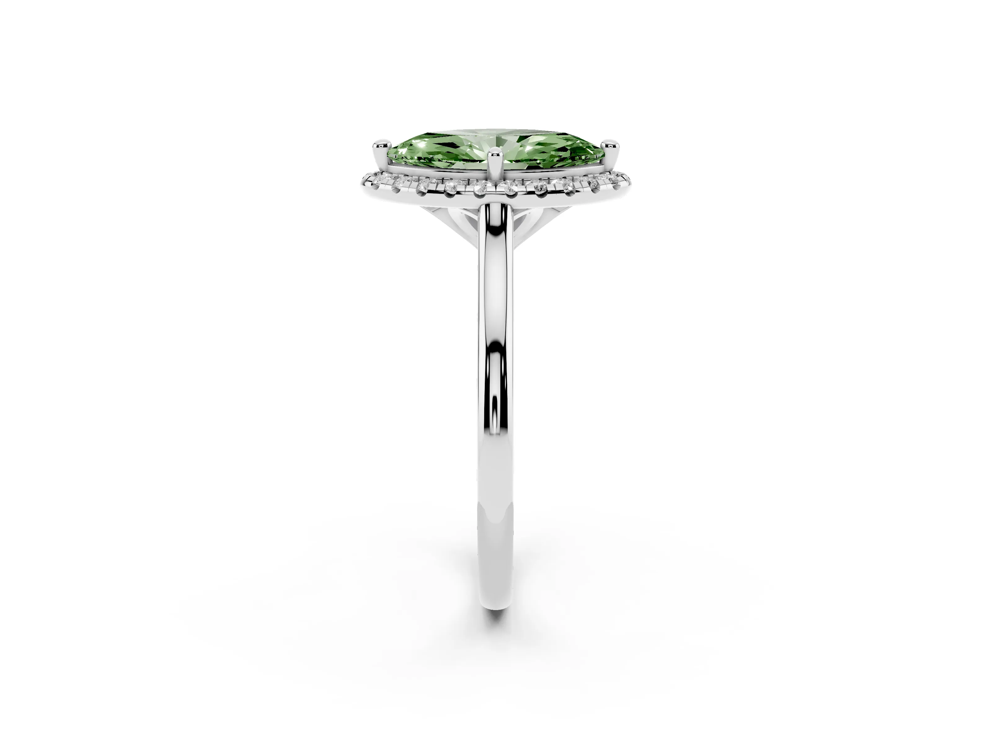 Fancy Green Marquise Cut Diamond Halo Engagement Ring Set in Platinum with Pavé Band and Rising Shoulders