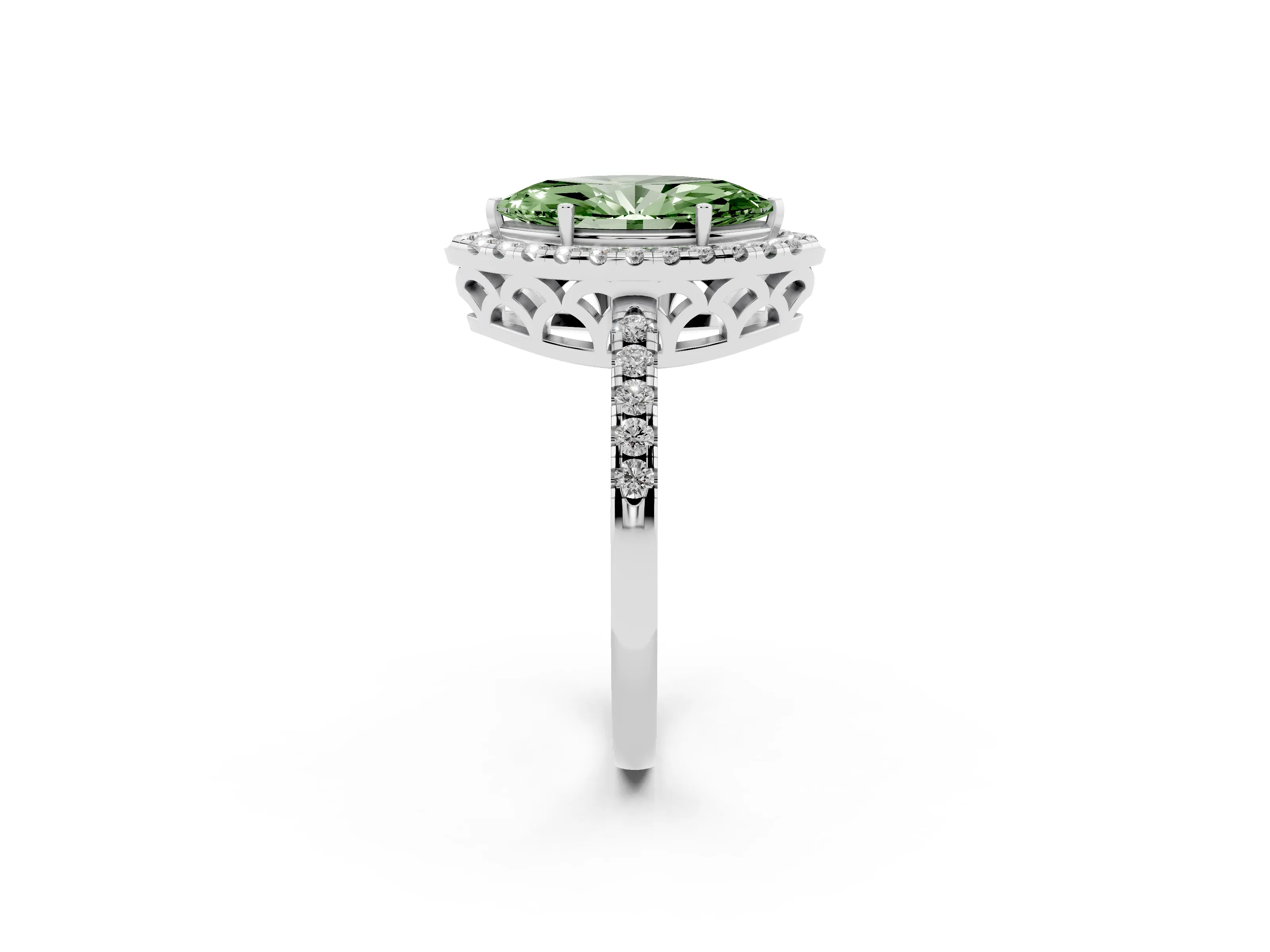 Fancy Green Marquise Cut Diamond Pavé Band Halo Engagement Ring Set in White gold with Prong Setting