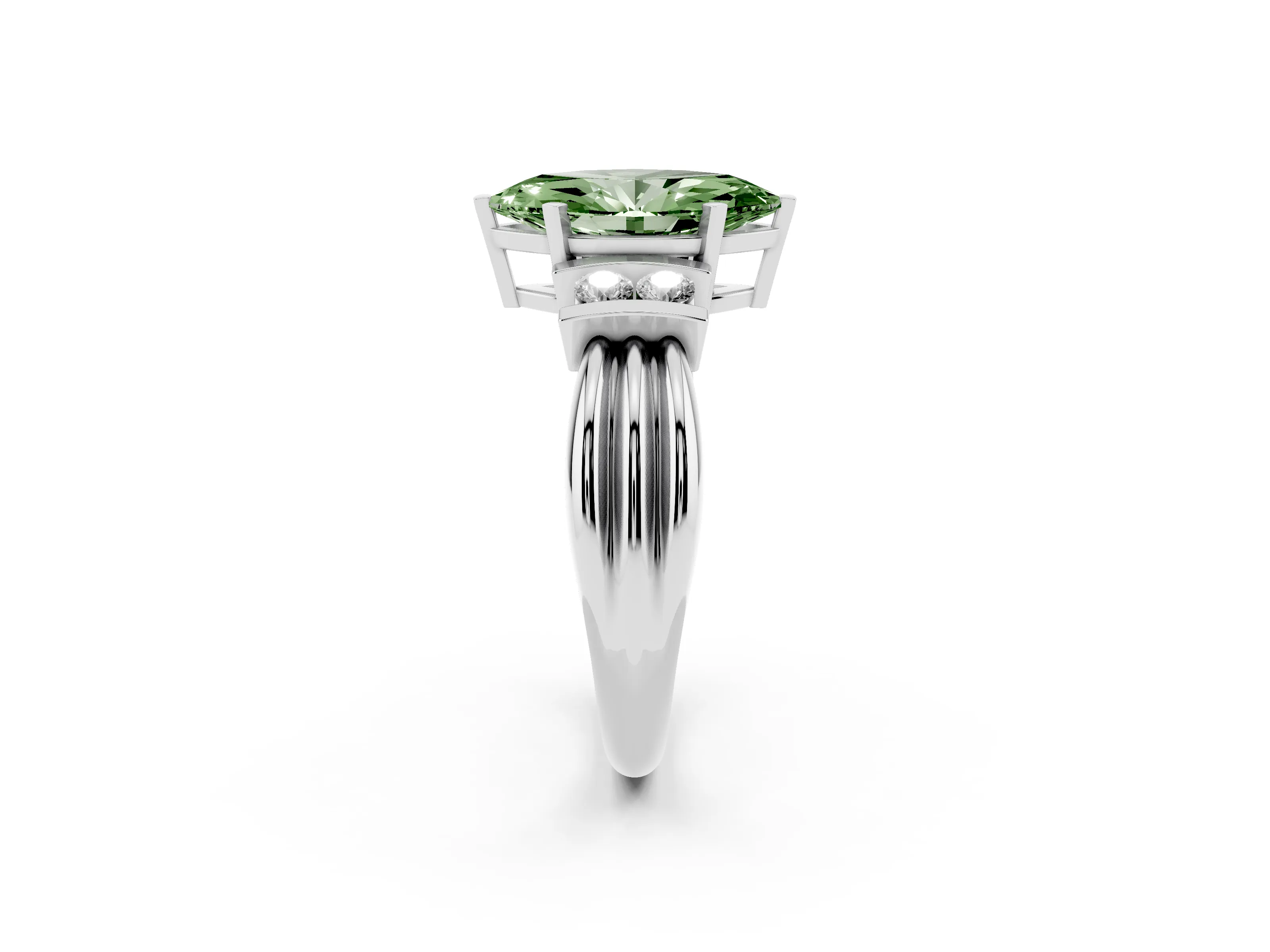 Fancy Green Three-Stone Marquise Cut Diamond Channel Set Ring Set in White gold with Bar Prongs
