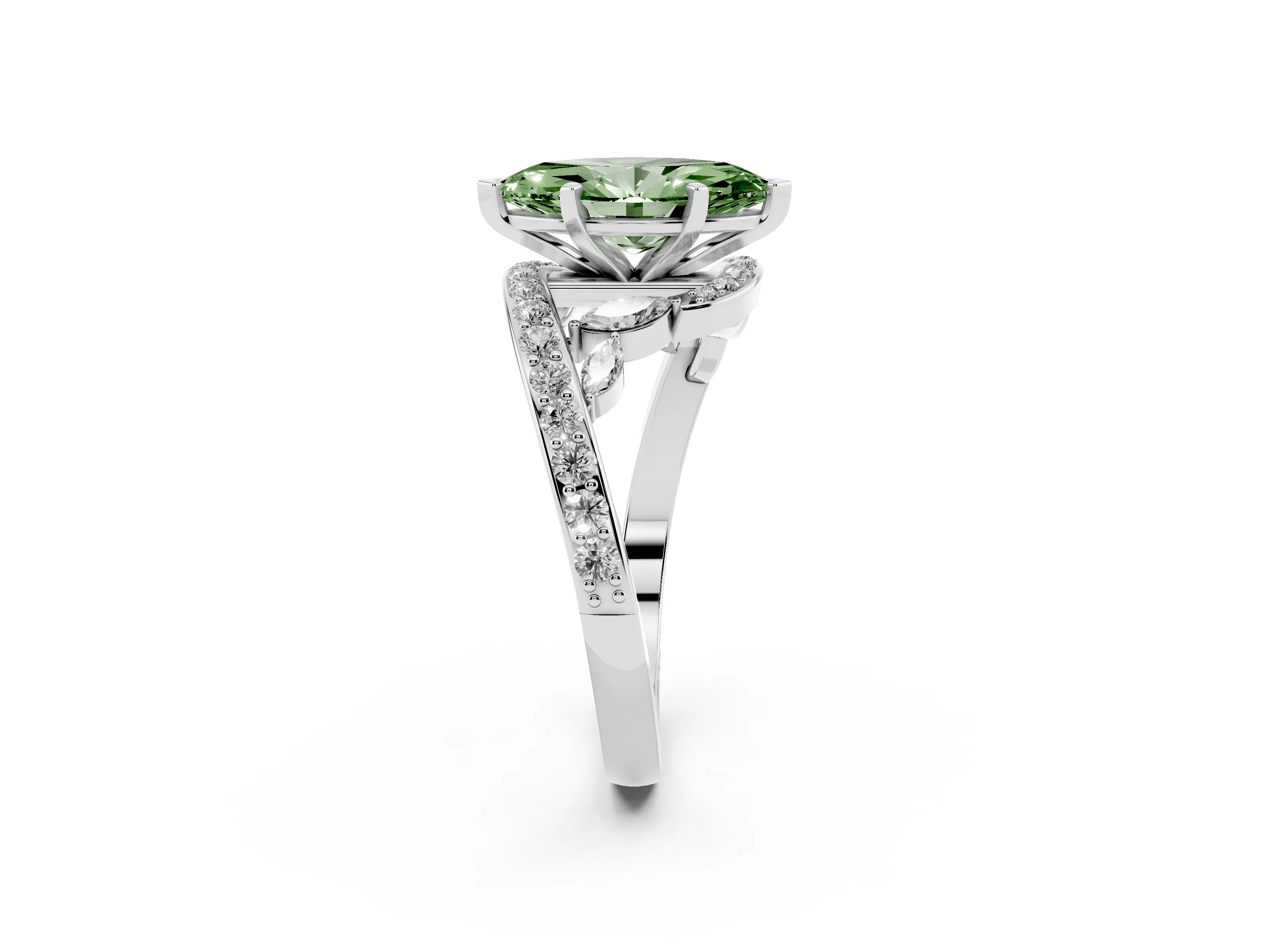 Fancy Green Marquise Cut Diamond Solitaire Ring Set in Silver with Pavé Twist Band and Secure Prong Setting