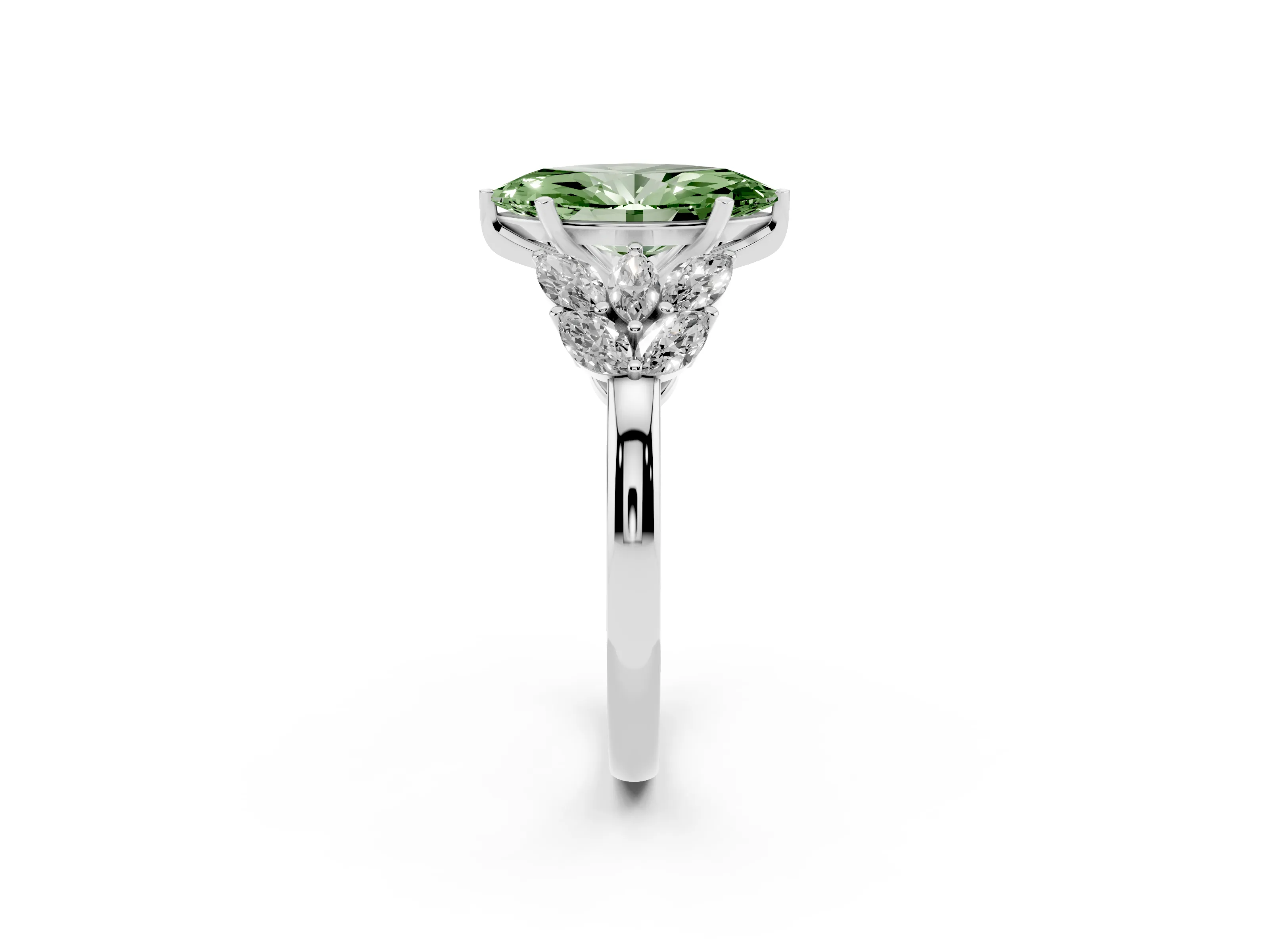 Fancy Green Marquise Cut Diamond Cluster Leaf Design Ring Set in Silver with Prong Setting