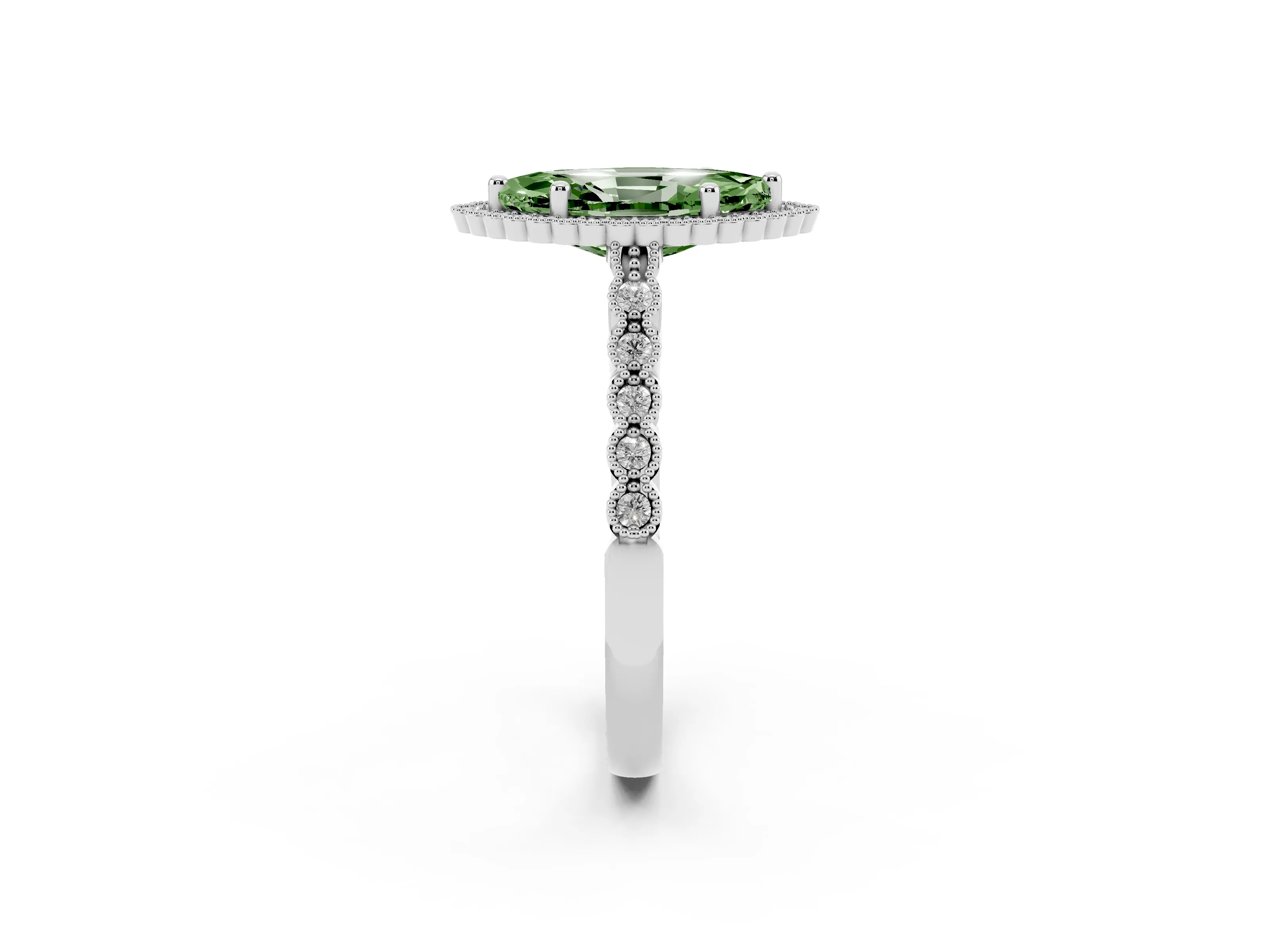 Fancy Green Marquise Cut Diamond Halo Ring Set in Silver with Pavé Milgrain Band