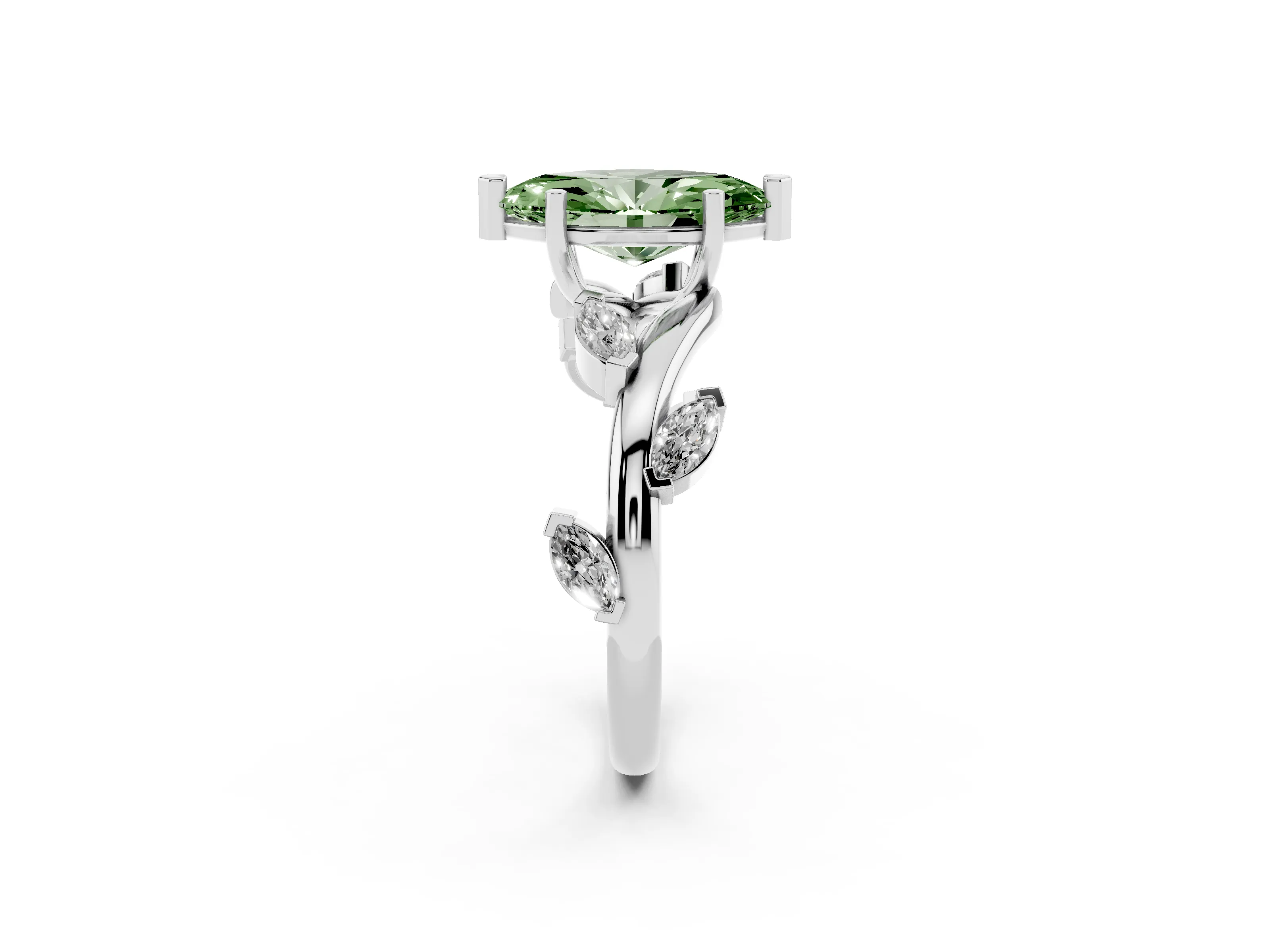 Fancy Green Marquise Cut Diamond Solitaire Ring Set in White gold with Twisted Marquise Accent Band