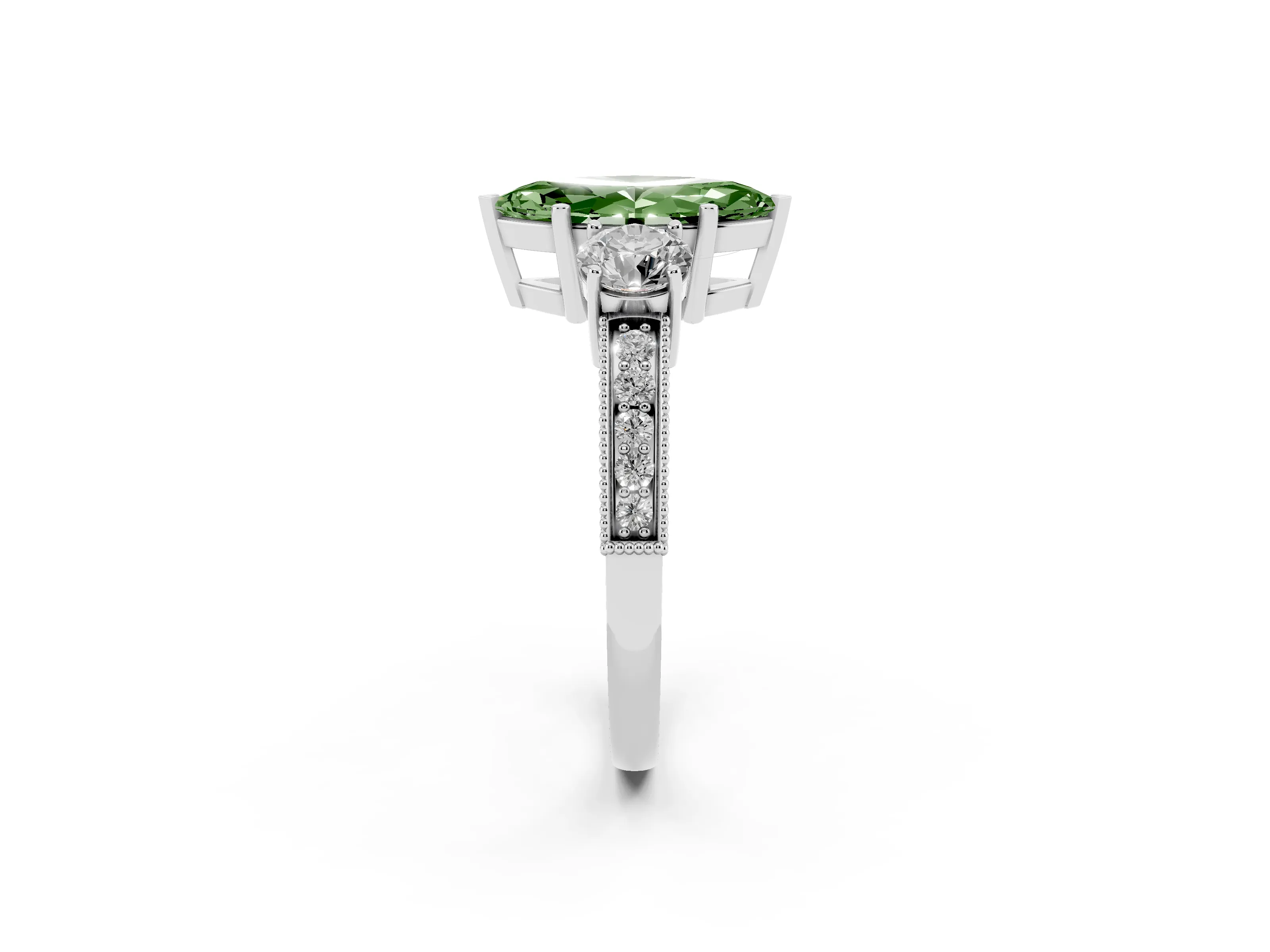 Fancy Green Marquise Cut Diamond Three-Stone Ring Set in Silver with Round Side Stones and Pavé Band