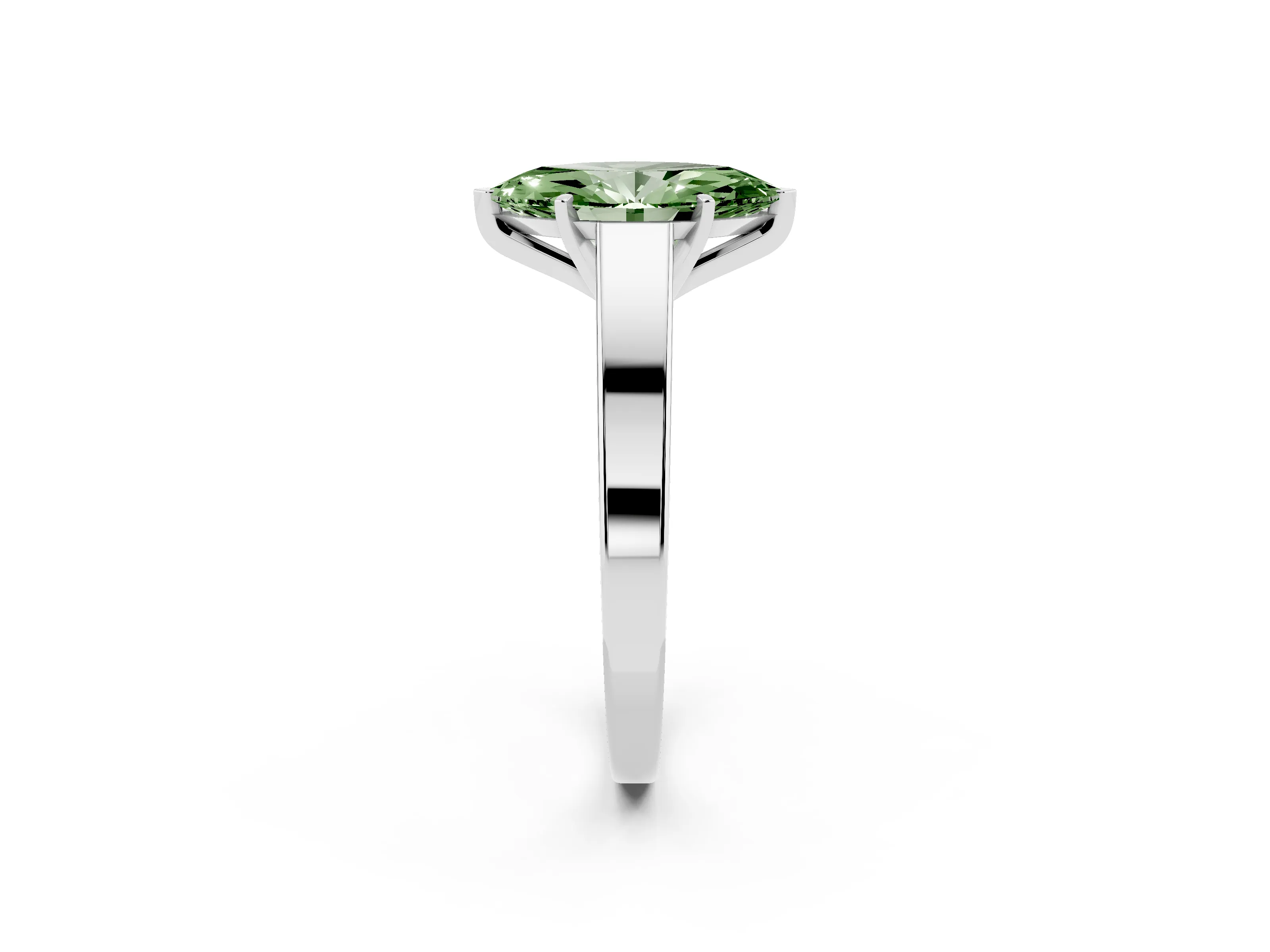 Fancy Green Marquise Cut Diamond Solitaire Engagement Ring Set in Platinum with Prong Setting and Tapered Band