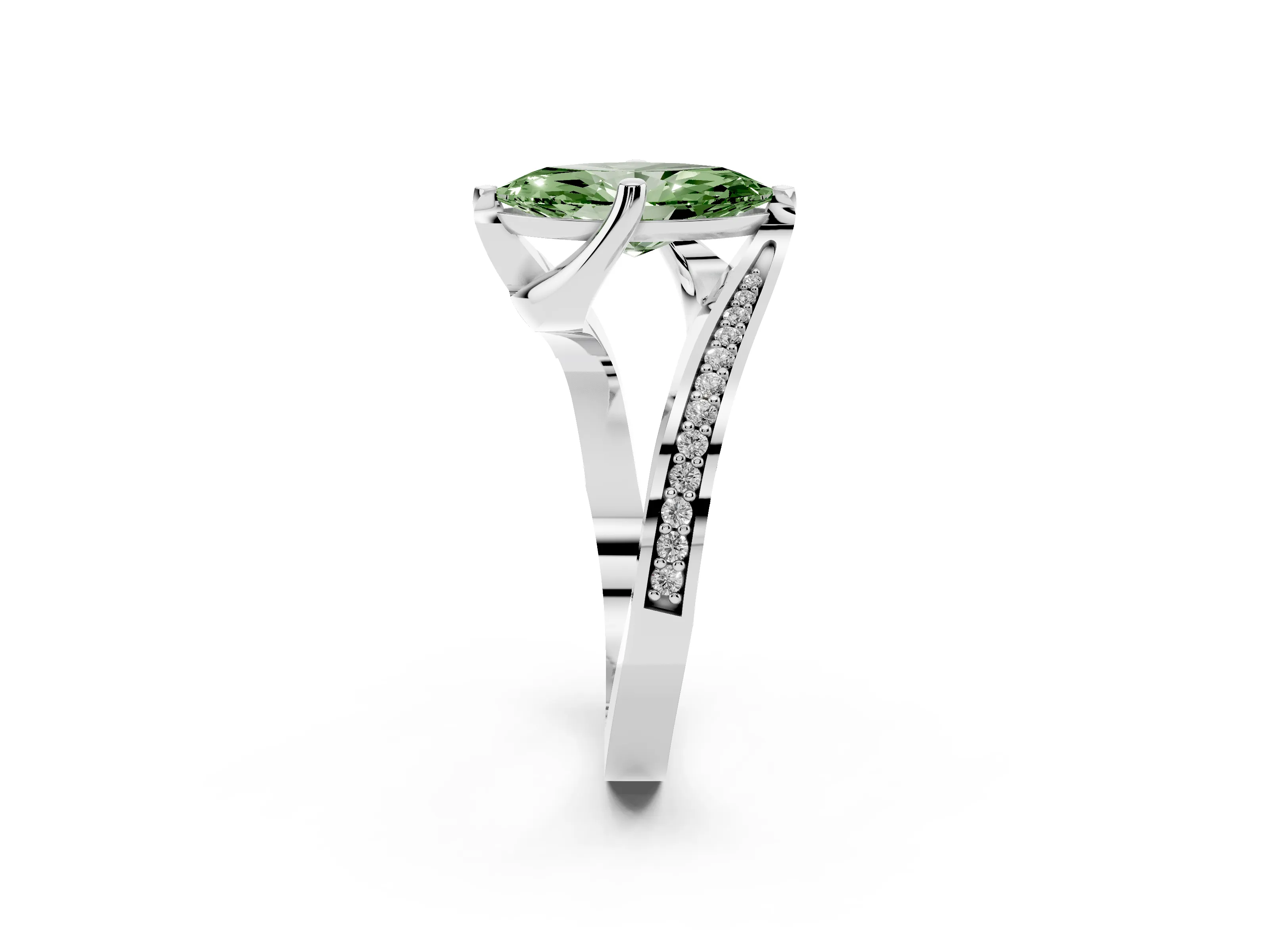 Fancy Green Marquise Cut Diamond Solitaire Ring Set in Silver with Intertwined Pavé Twist Band
