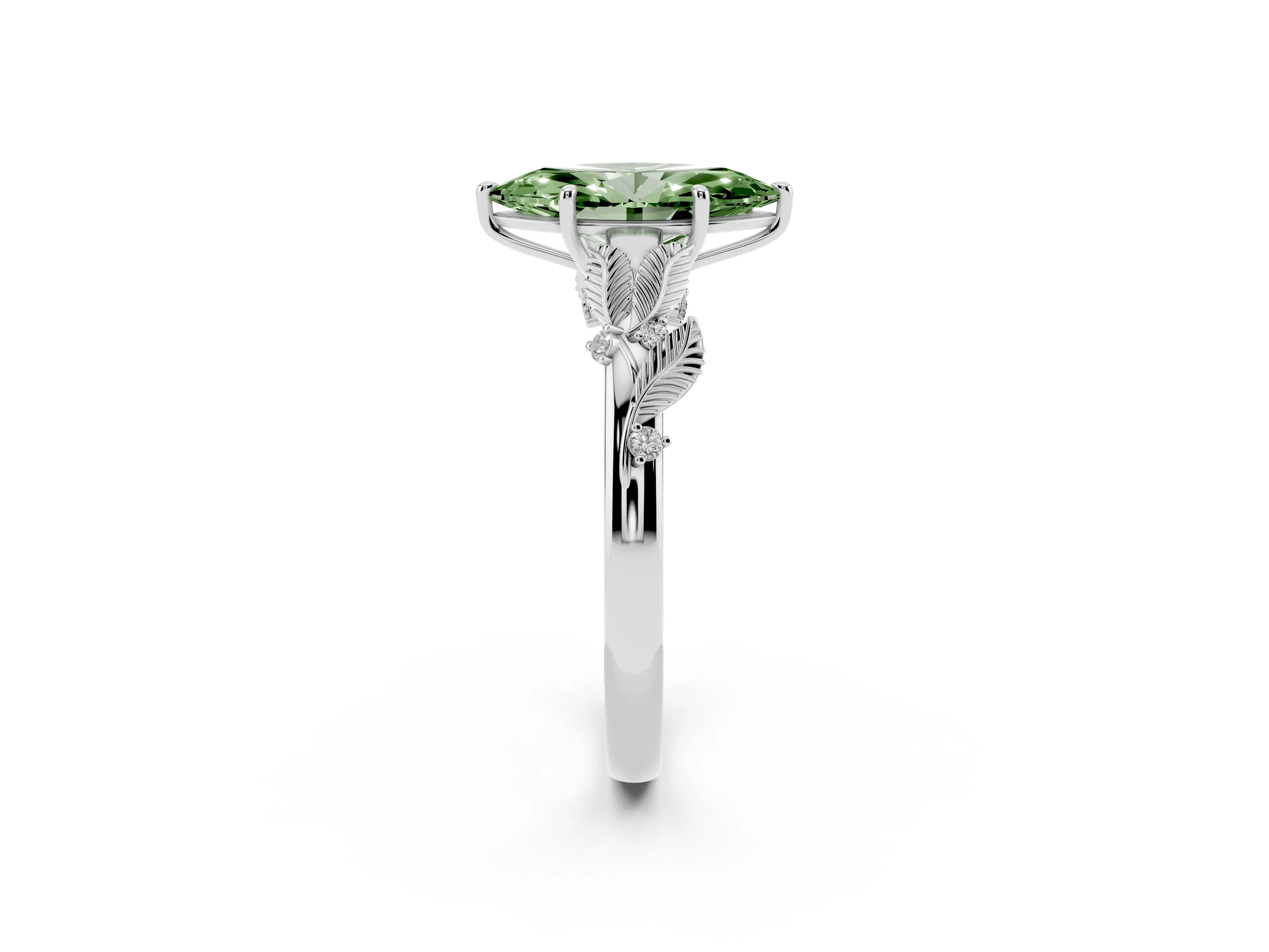 Fancy Green Marquise Cut Diamond Solitaire Ring Set in White gold with Leaf Motif Band