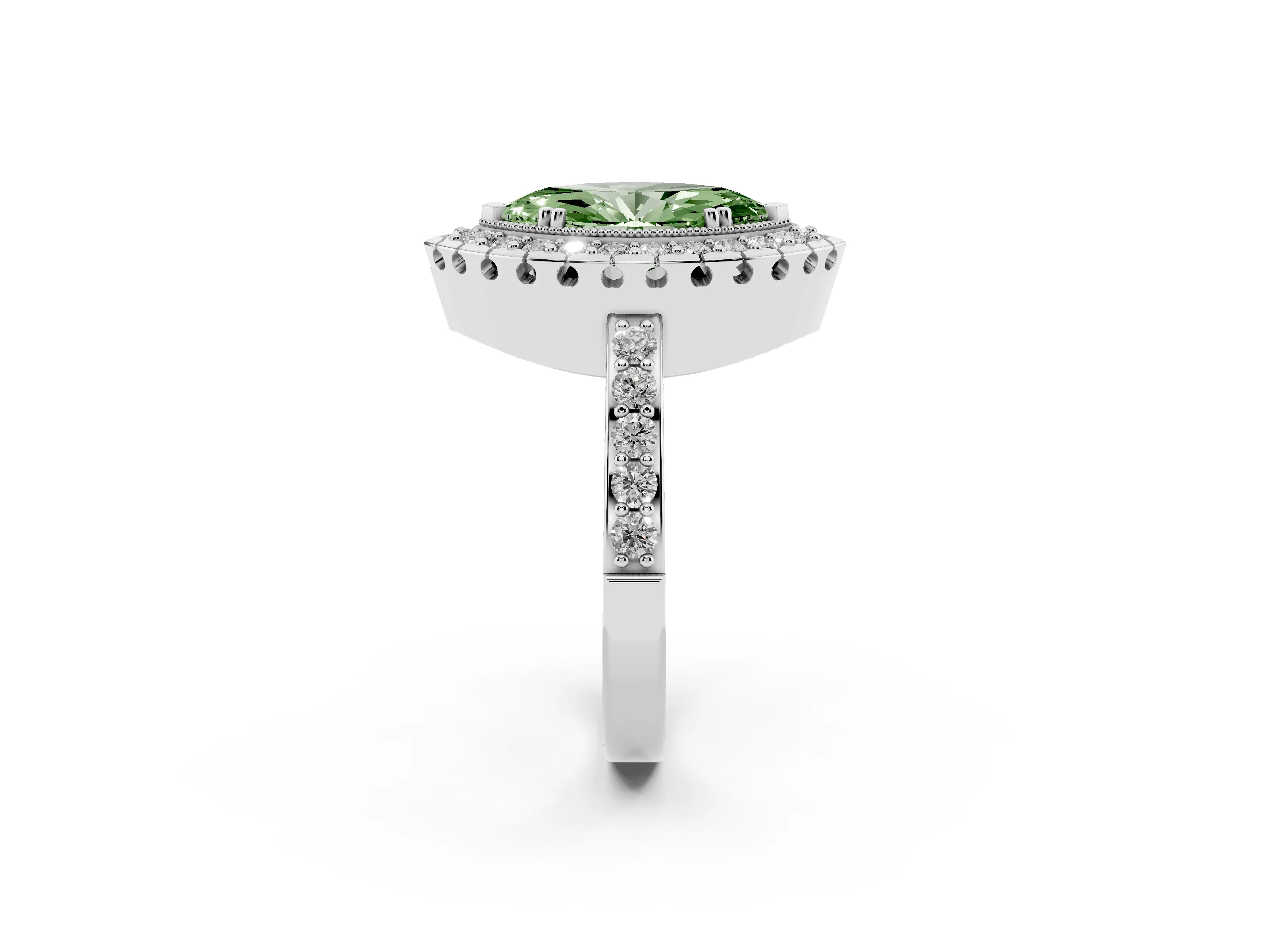 Fancy Green Marquise Cut Diamond Halo Ring Set in White gold with Pavé Shank and Prong Setting