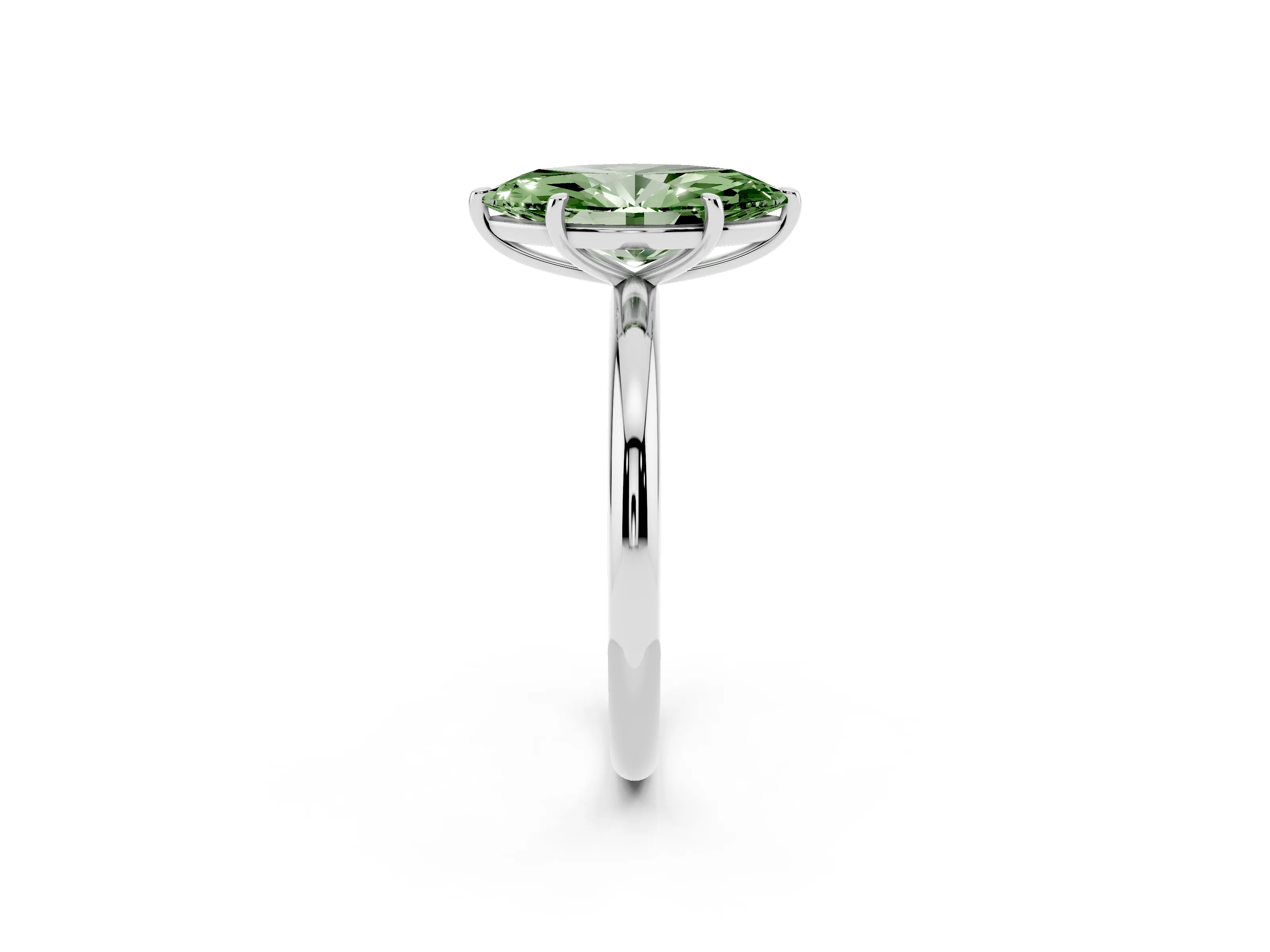 Fancy Green Marquise Cut Diamond Solitaire Ring Set in Platinum with Prong Setting on a Polished Plain Band