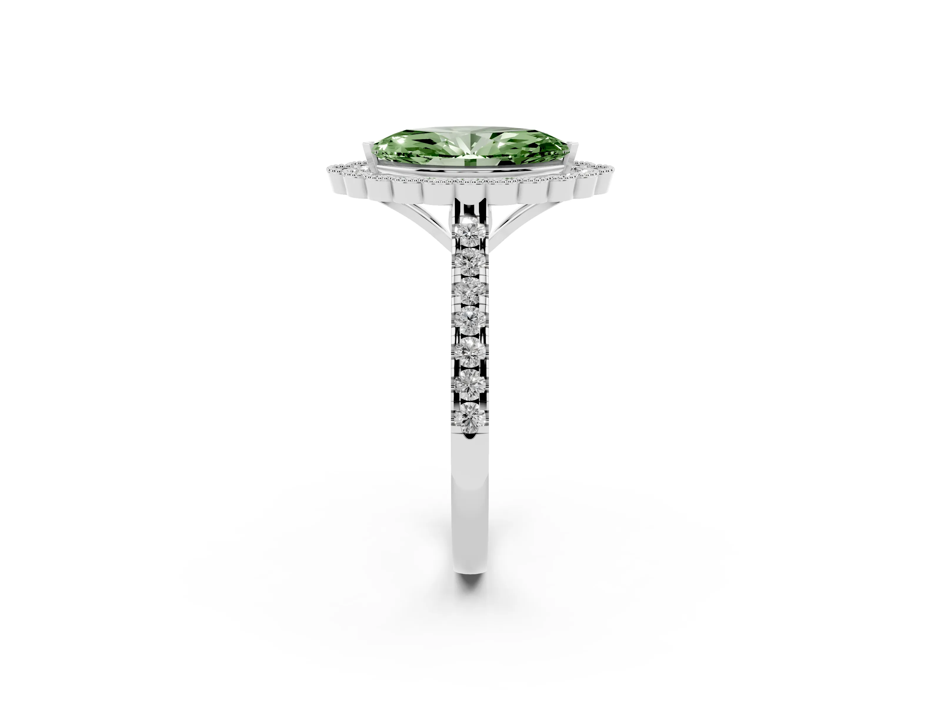 Fancy Green Marquise Cut Diamond Milgrain Floral Halo Engagement Ring Set in White gold with Pavé Band