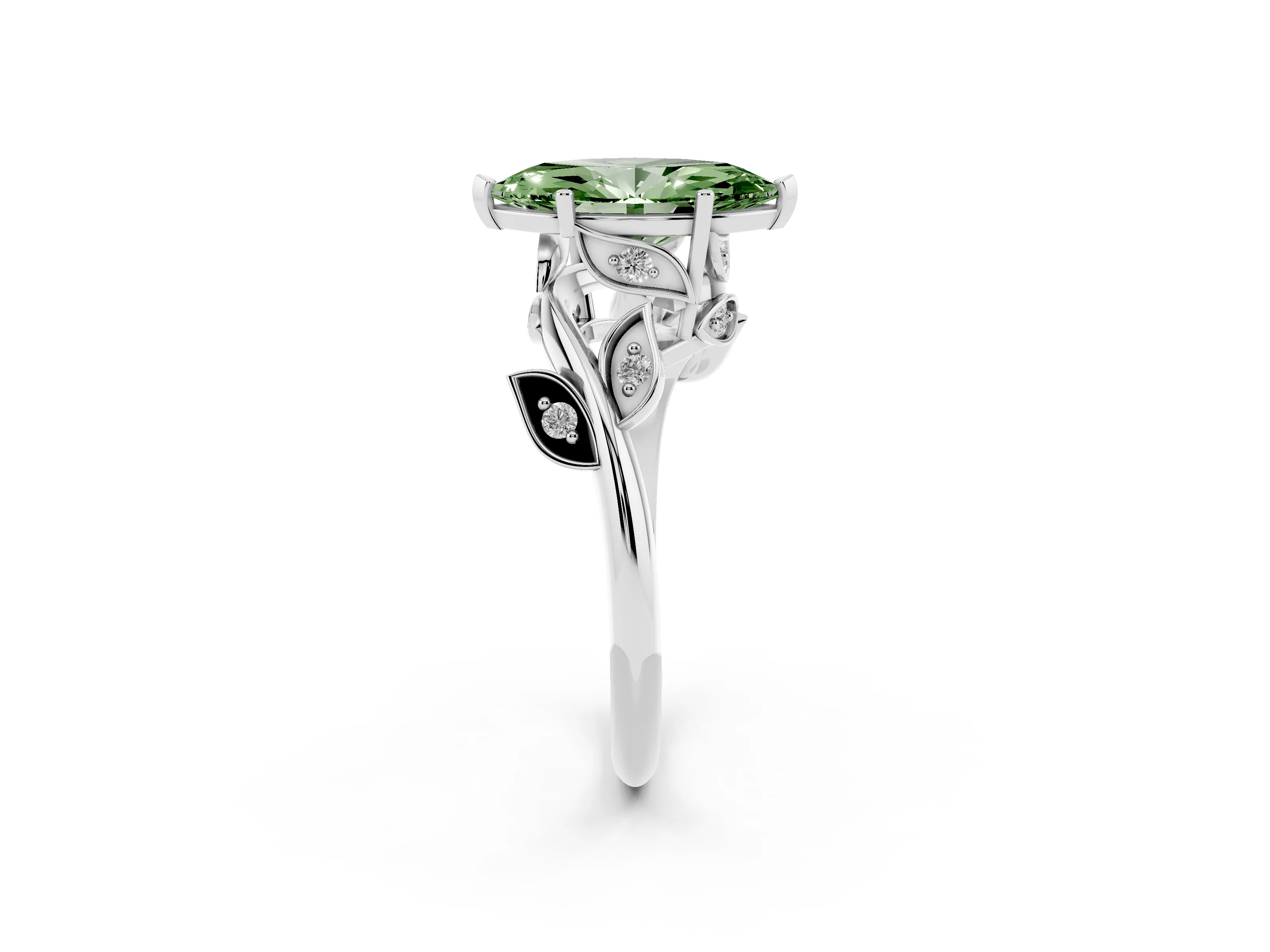 Fancy Green Marquise Cut Diamond Solitaire Twist Engagement Ring Set in White gold with Pavé Leaf Accents