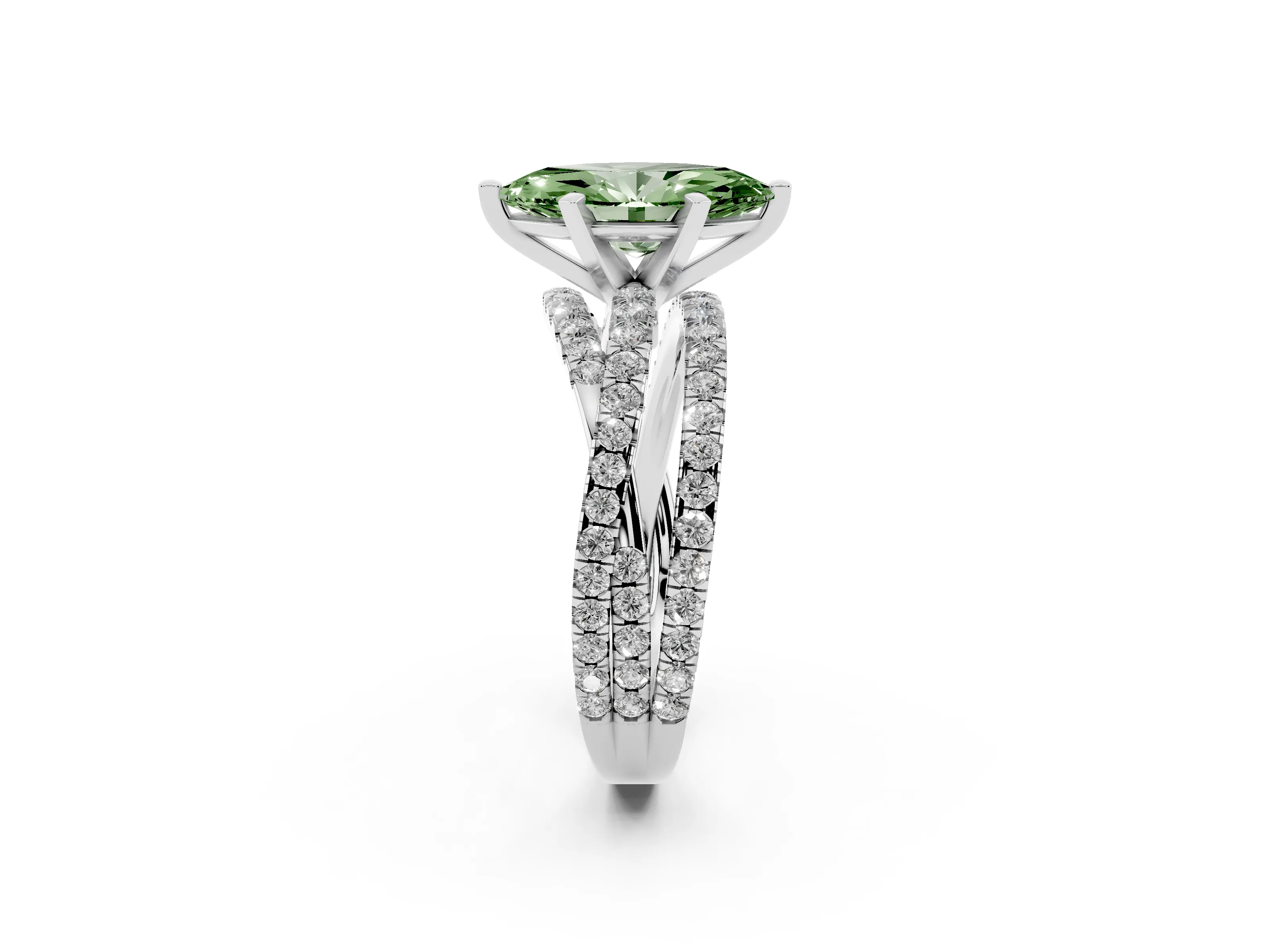 Fancy Green Marquise Cut Diamond Solitaire Twist Band Ring Set in Platinum with Pavé Setting and Prong Head