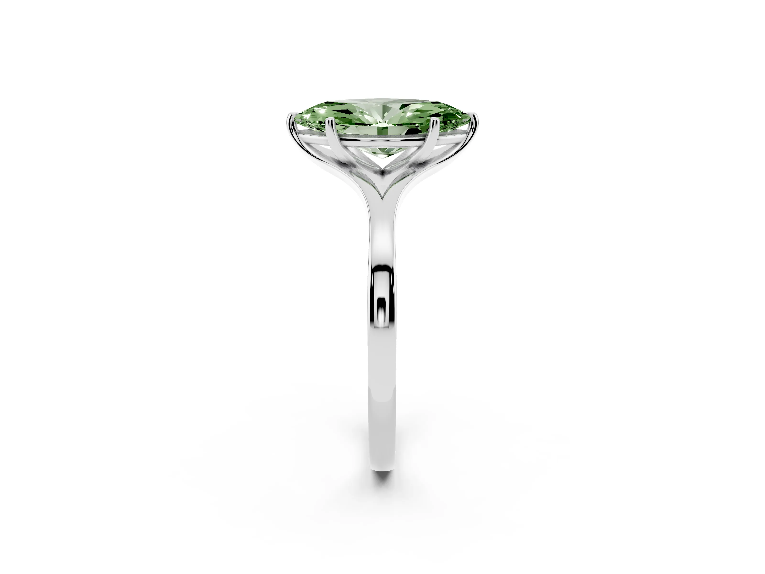 Fancy Green Marquise Cut Diamond Solitaire Ring Set in White gold with Polished Tapered Band and Prong Setting