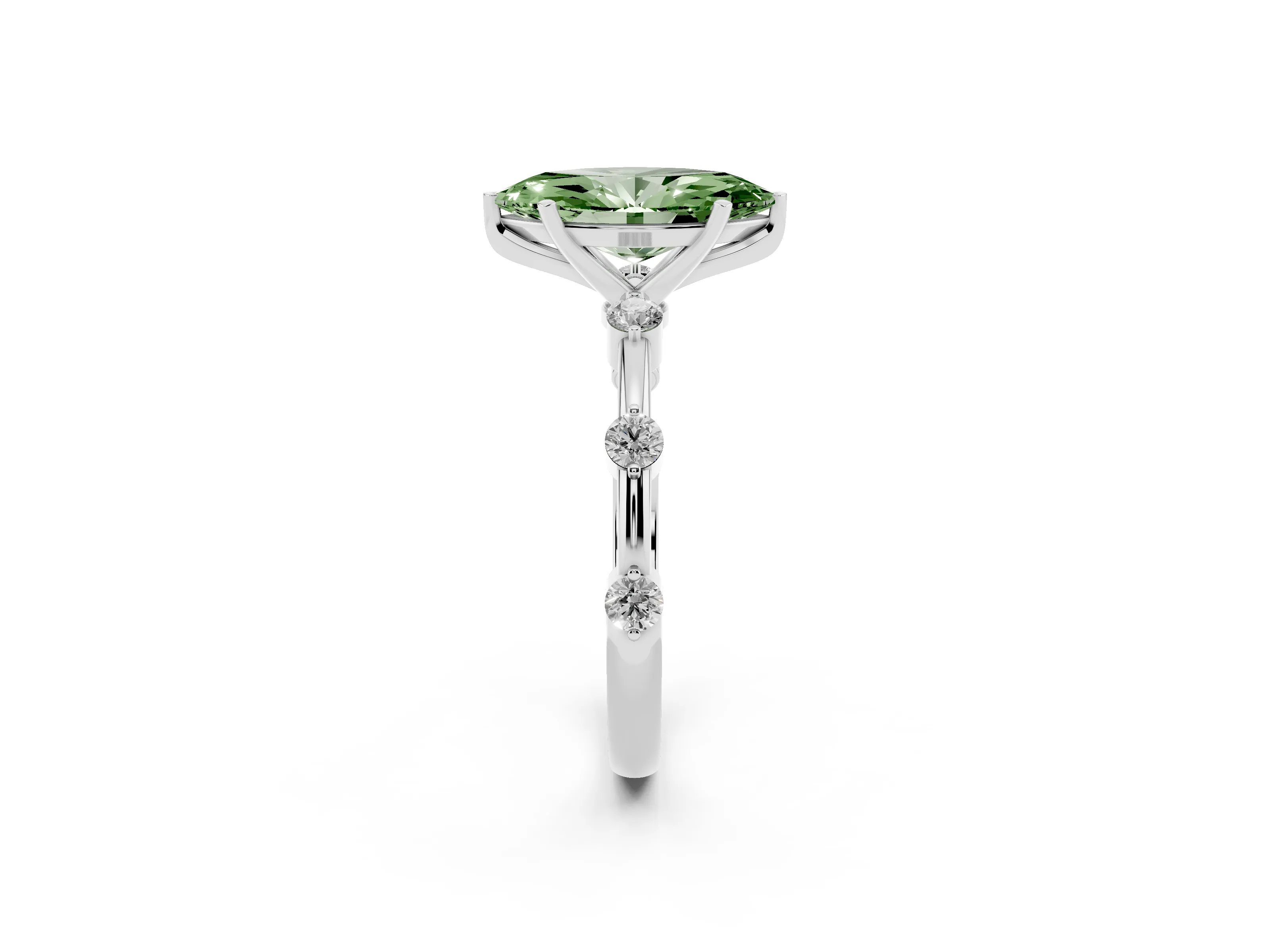 Fancy Green Marquise Cut Diamond Solitaire Ring Set in White gold with Bezel Set Side Stones and Prong Setting