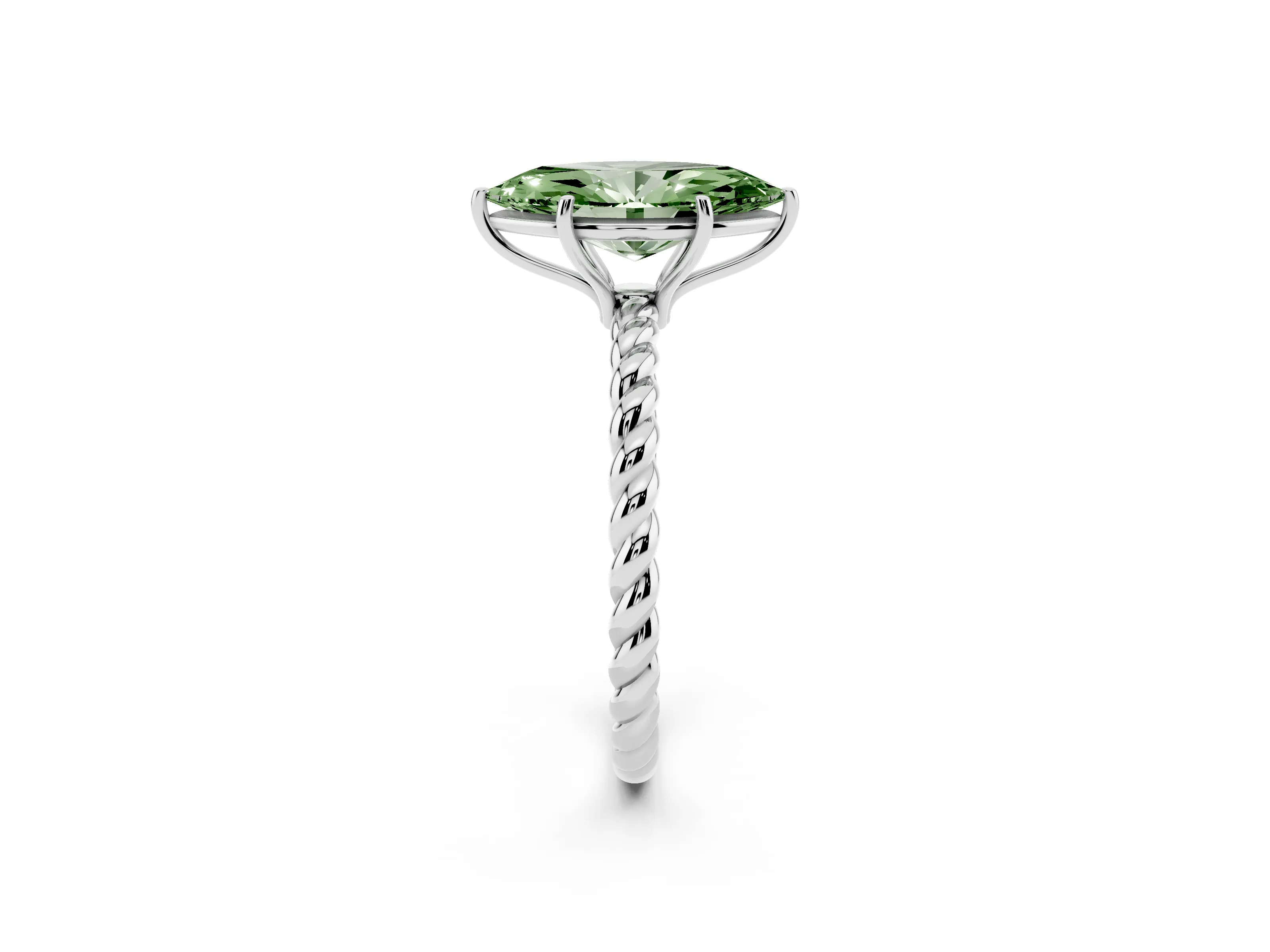 Fancy Green Marquise Cut Diamond Solitaire Ring Set in Silver with Twist Band and Prong Setting