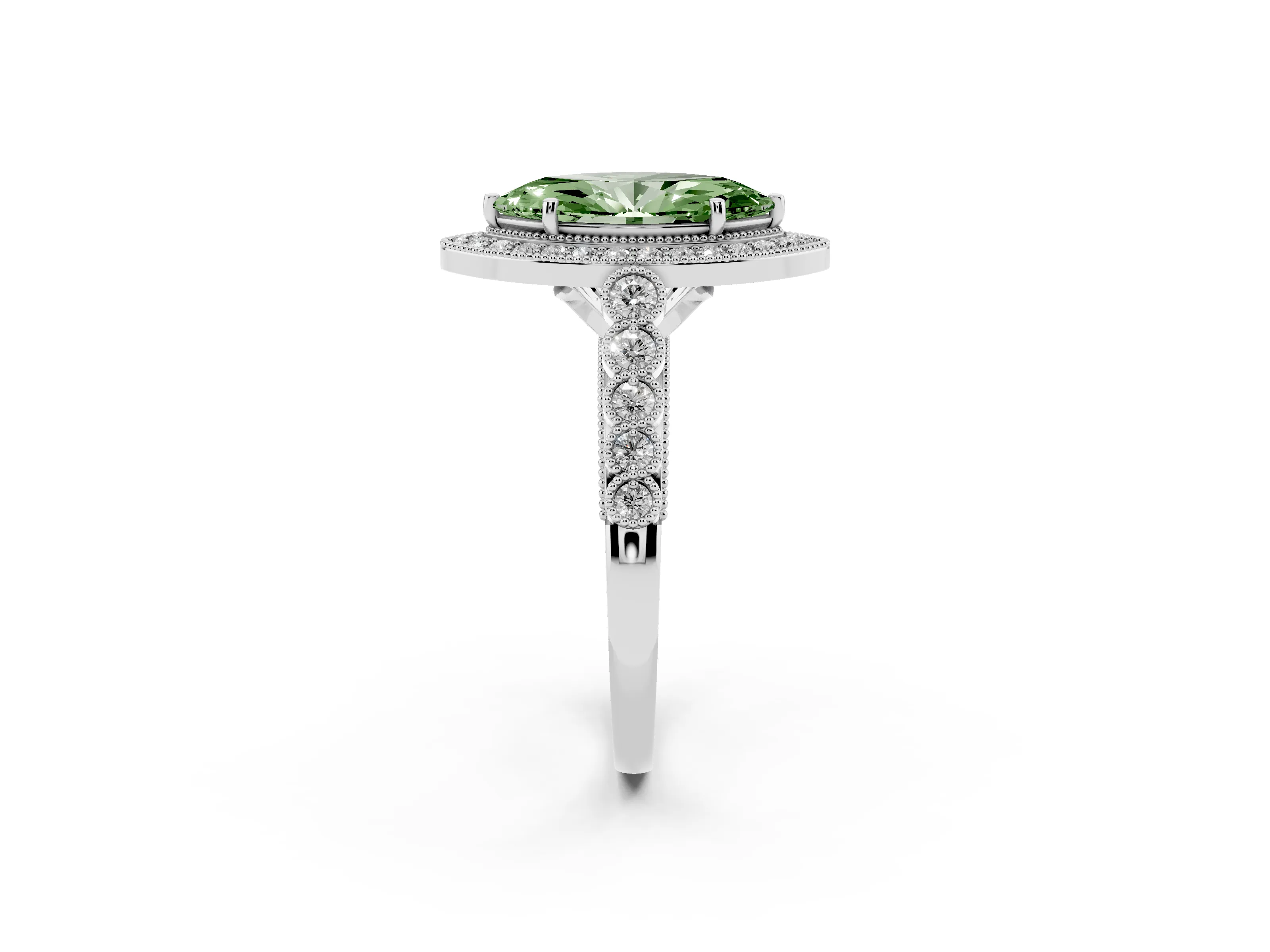 Fancy Green Marquise Cut Diamond Milgrain Halo Solitaire Ring Set in White gold with Bezel Set Side Stones and Pavé Band