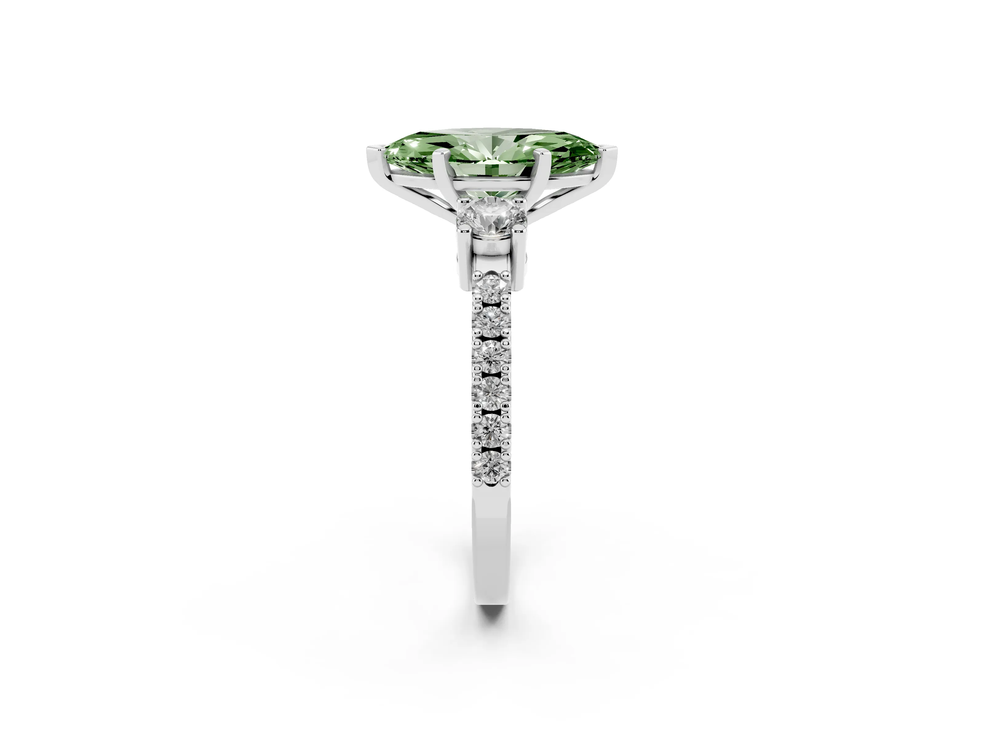 Fancy Green Three-Stone Marquise Cut Diamond Pavé Band Ring Set in Platinum with Prong Setting