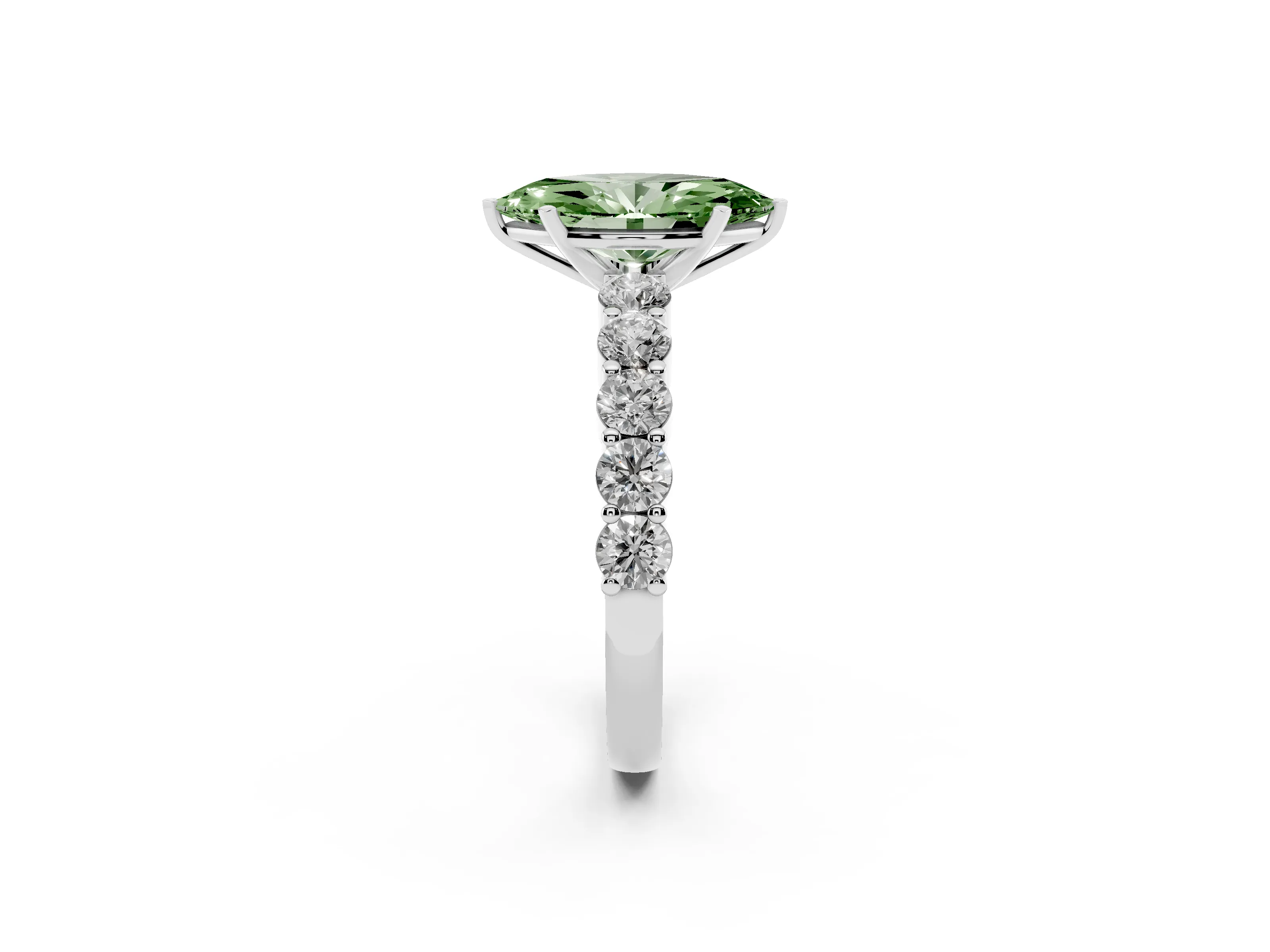 Fancy Green Marquise Cut Diamond Solitaire Ring Set in Silver with Shared Prong Round Side Stones