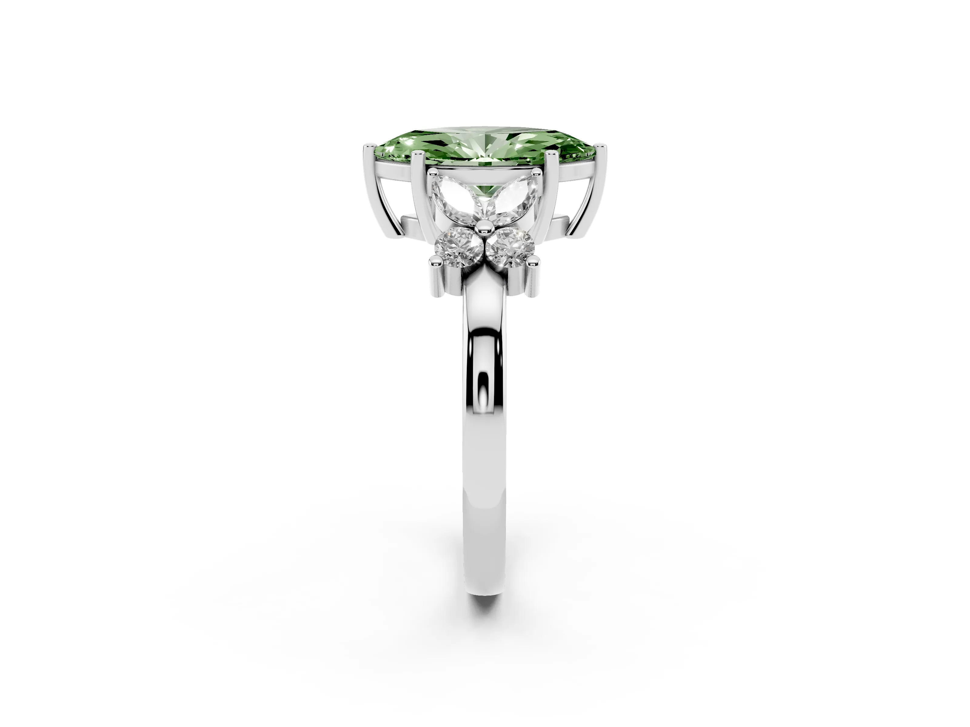 Fancy Green Marquise Cut Diamond Floral Cluster Ring Set in Silver with Marquise Petals and Prong Setting
