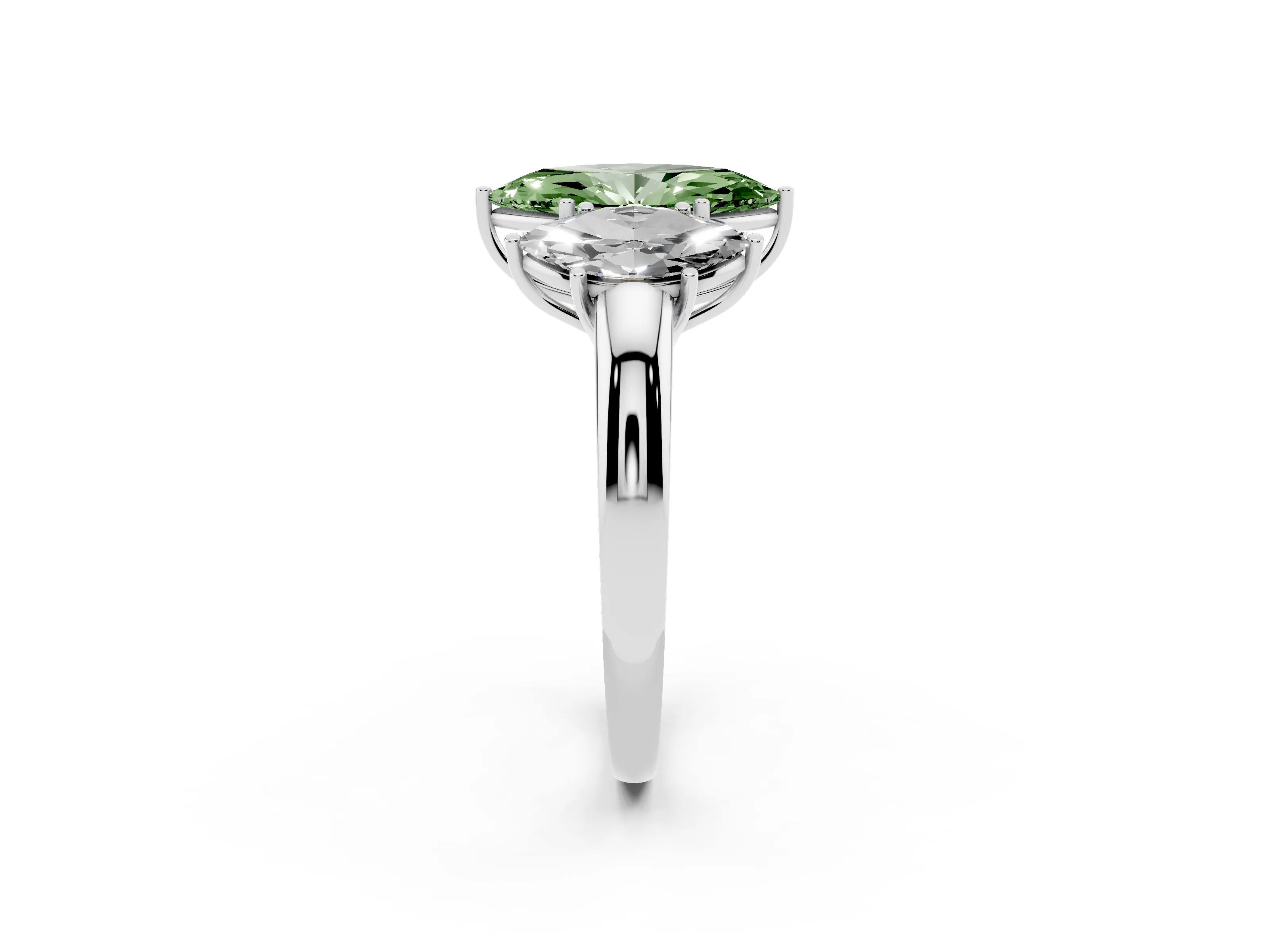 Fancy Green Marquise Cut Diamond Three-Stone Ring Set in Silver with Bold Center and Classic Band