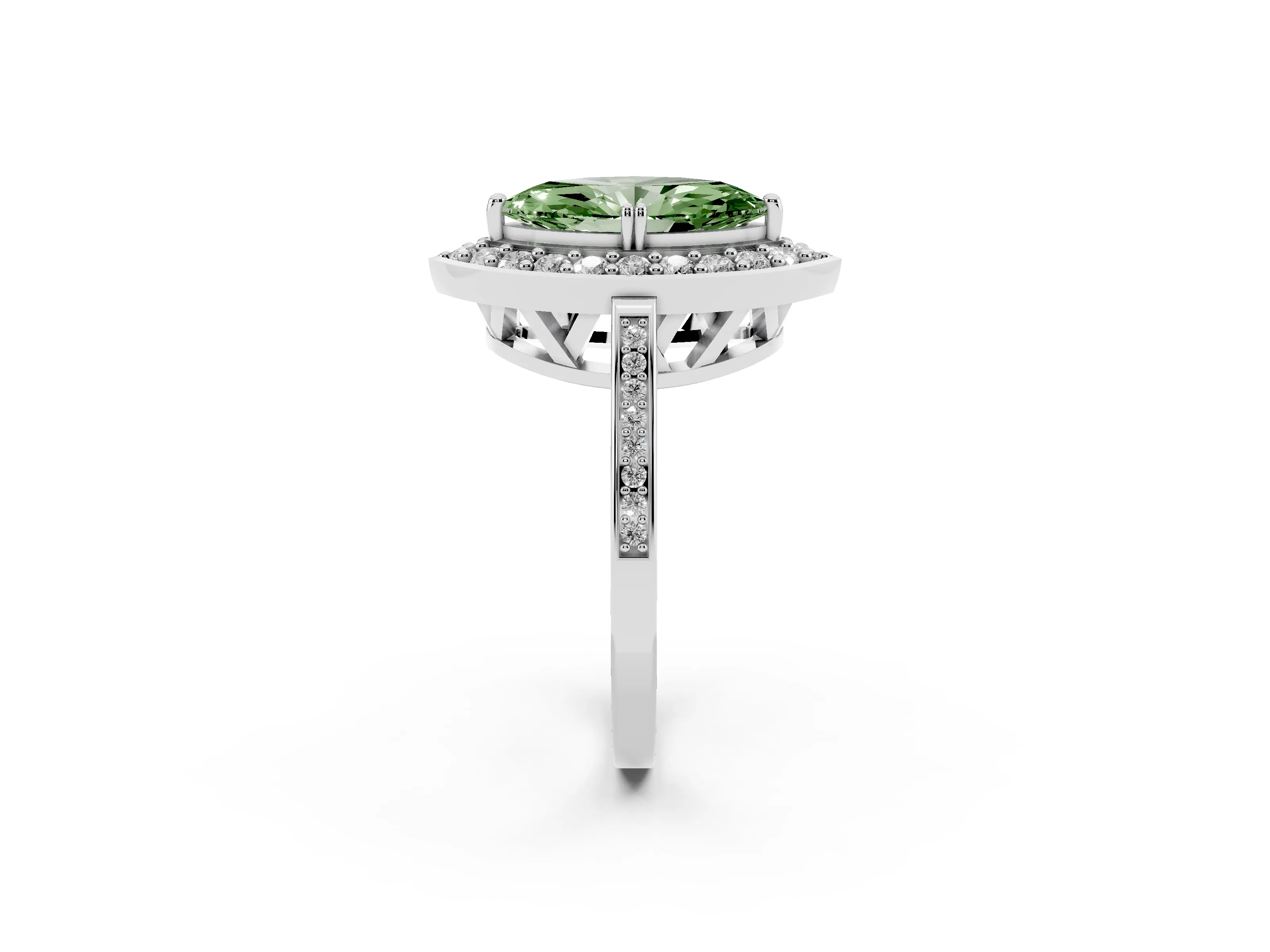 Fancy Green Marquise Cut Diamond Halo Ring Set in White gold with Accent-Lined Split Shank and Prong Setting