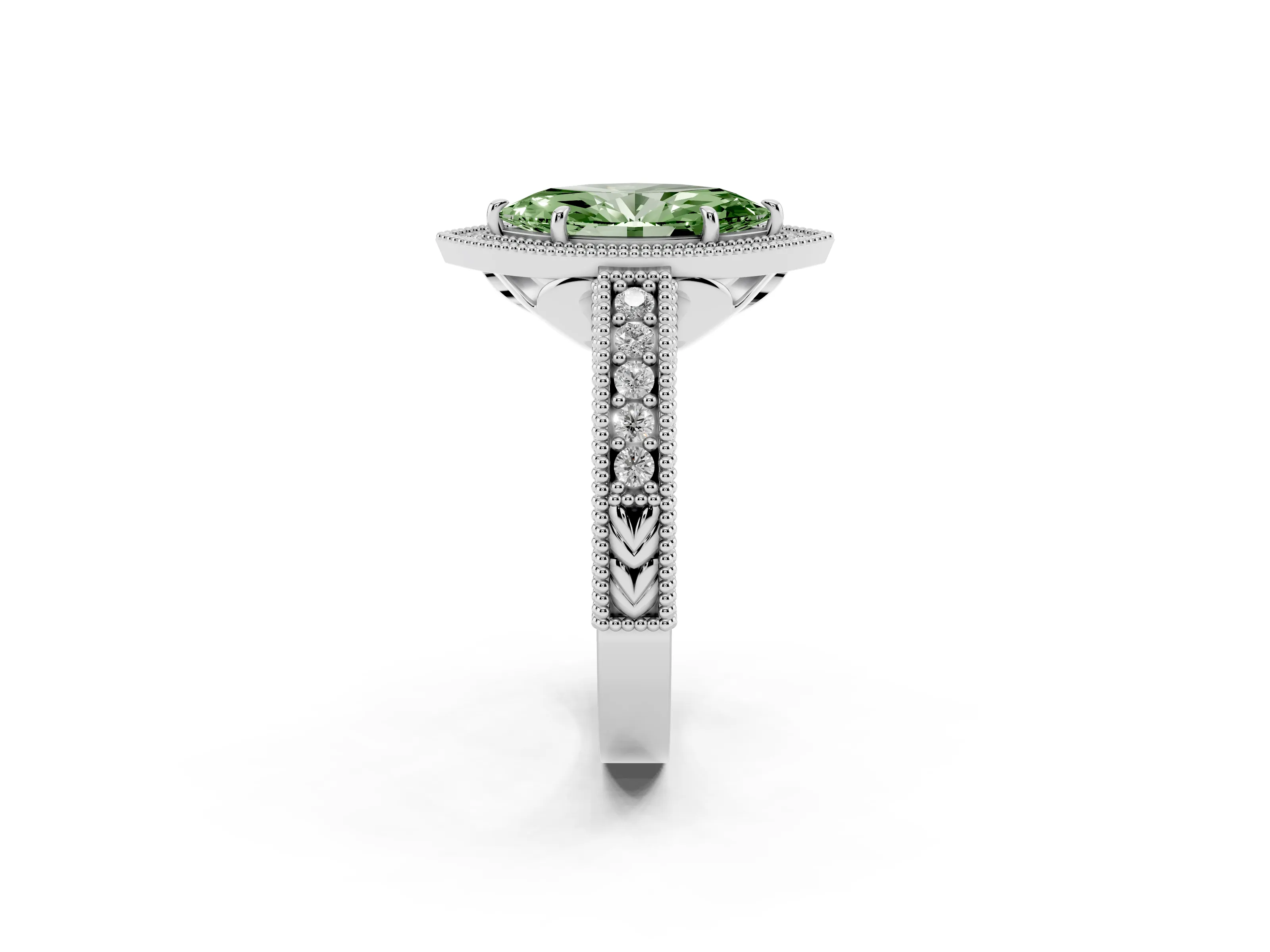 Fancy Green Marquise Cut Diamond Halo Ring Set in White gold with Round Accent Halo, Pavé Band and Prong Setting