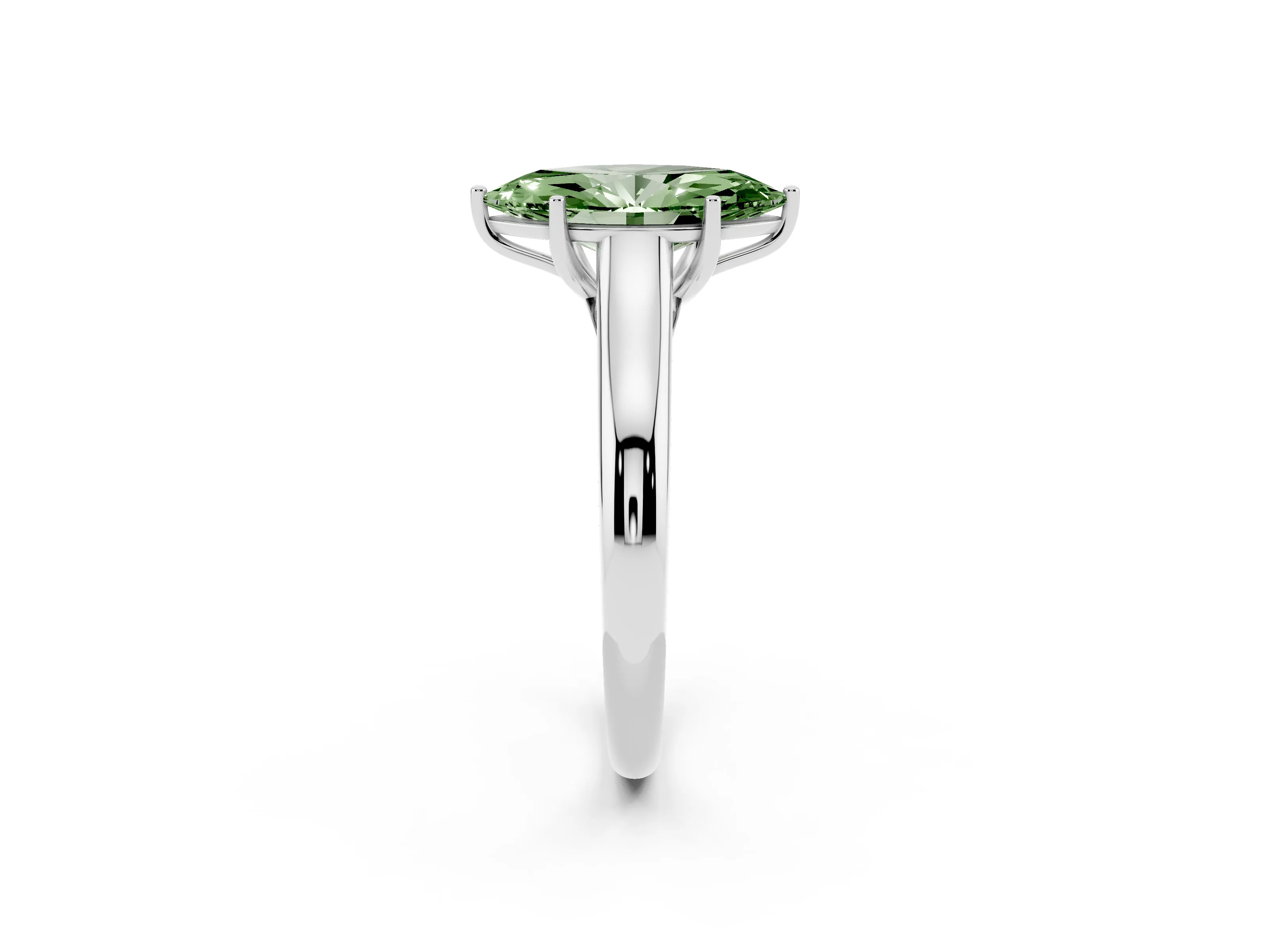 Fancy Green Marquise Cut Diamond Solitaire Engagement Ring Set in White gold with Subtly Tapered Band and Prong Setting