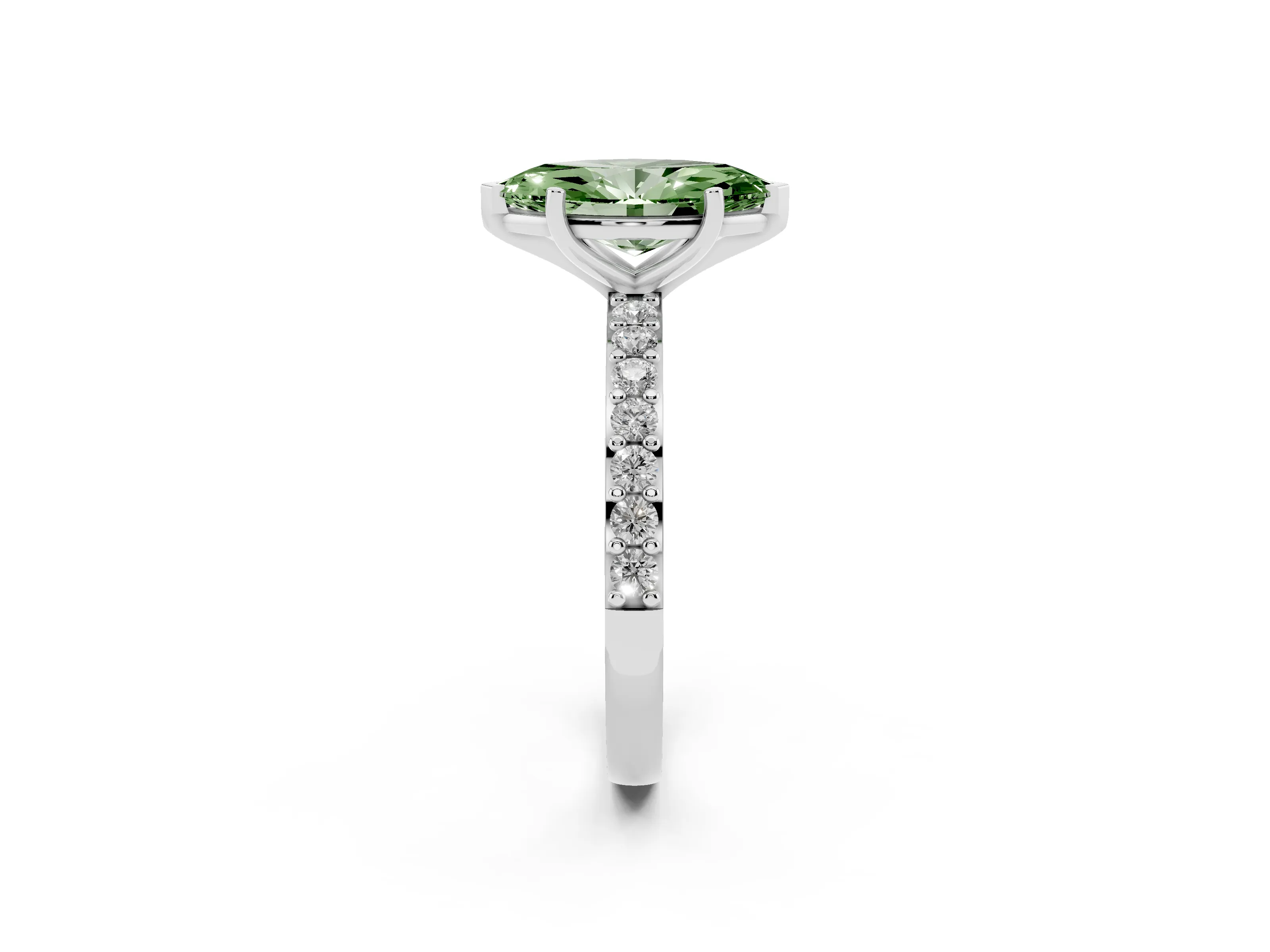Fancy Green Marquise Cut Diamond Solitaire Set in White gold with Round Pavé Band and Prong Setting