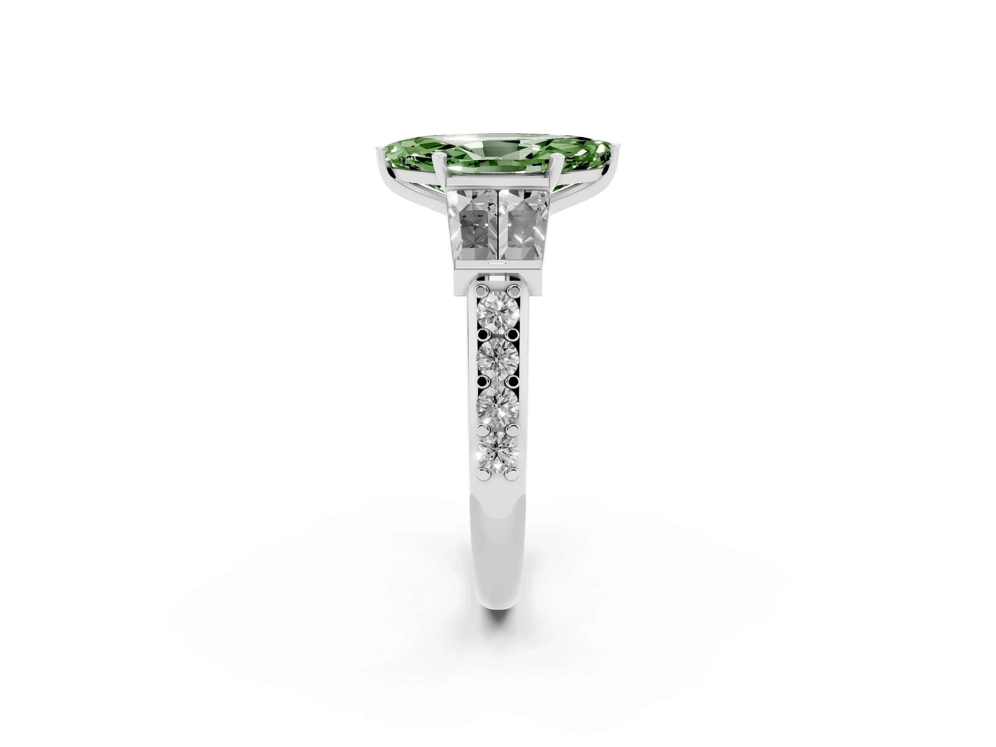 Fancy Green Marquise Cut Diamond Engagement Ring Set in White gold with Baguette Side Stones and Channel Set Band
