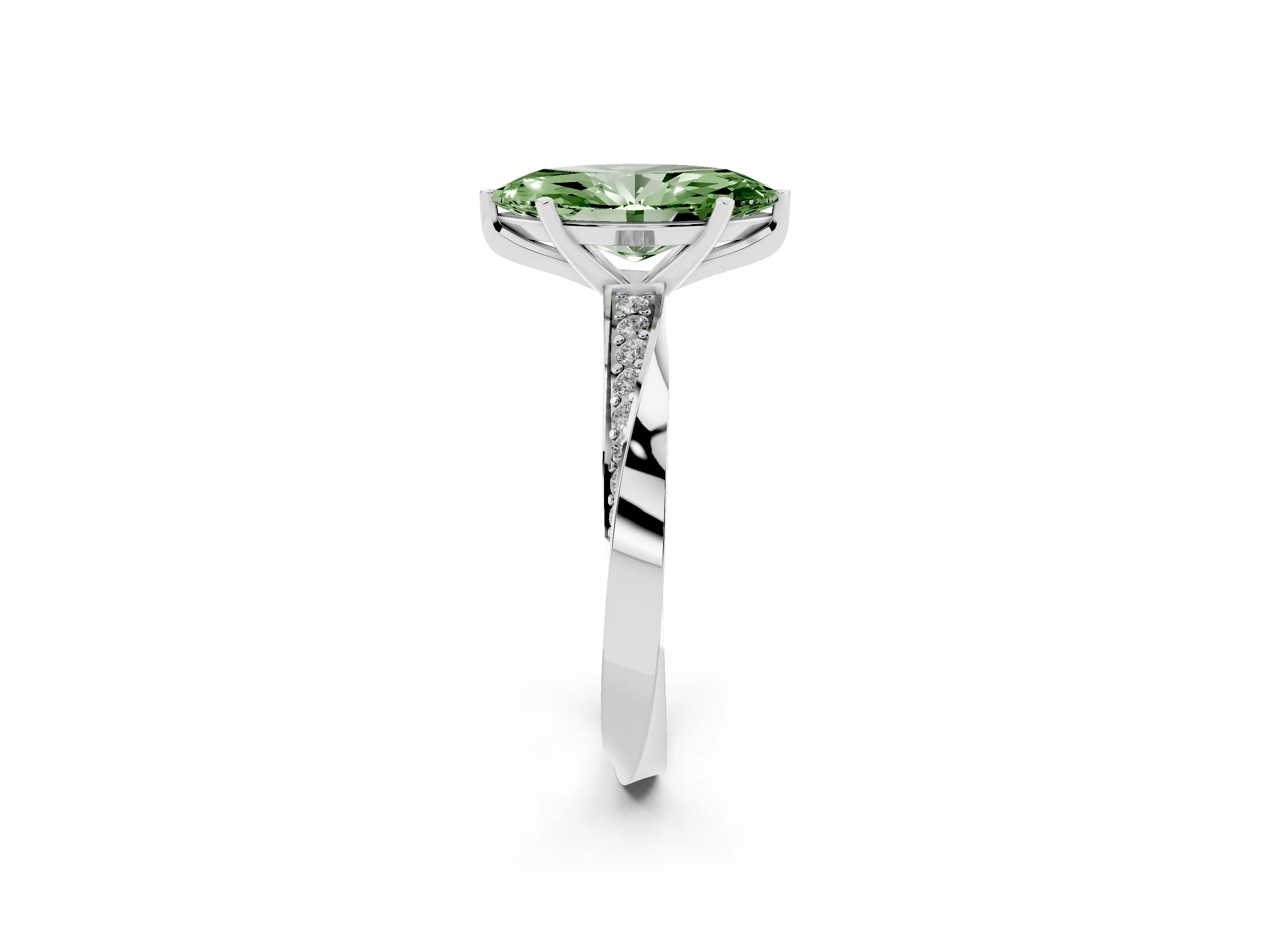 Fancy Green Marquise Cut Diamond Engagement Ring Set in White gold with Side Stone Accents and Prong Setting